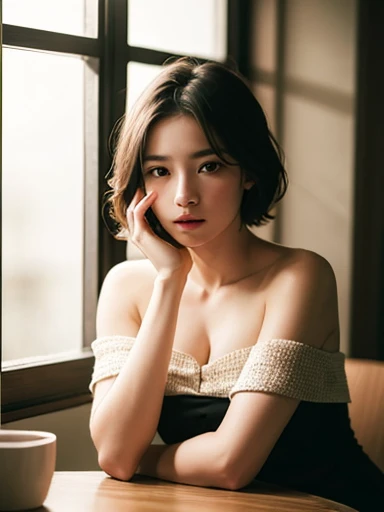 a beautiful young woman sitting at a table in the dark, wearing an off-the-shoulder dress, her short hair framing her face, bathed in a cold, dramatic lighting that casts deep shadows, a realistic and high-resolution RAW photo showcasing her captivating and alluring look, 2 arms, 5 fingers per hand