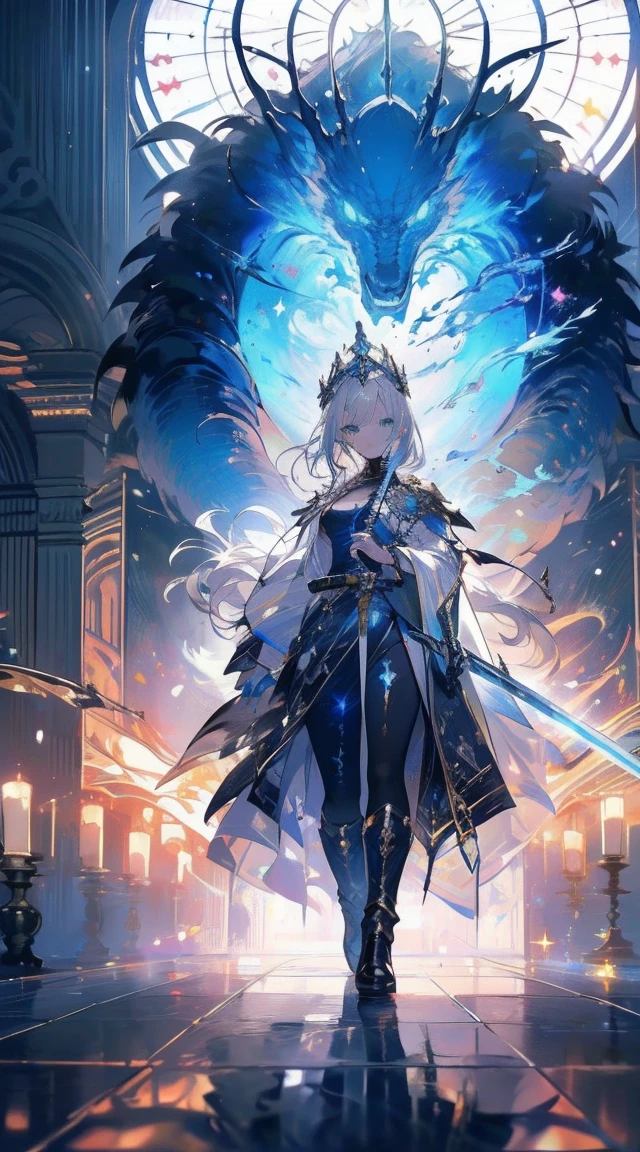 (official art、best quality、Unity 8k wallpaper、32k、Masterpiece、Super detailed、ultra high resolution、realistic、Realism、very funny:1.2)、(Cinema lighting:1.2)、fire effect、film particles、best shade、edge lighting、side lights、(Super detailed and complex 3D rendering)、Delicate and beautiful face and eyes、sharp pupils、realistic student、A slender one、1man woman、medium bust、(whole body:1.2)、 beautiful face、16 year old beautiful girl、(Super fine skin、Detailed skin texture:1.3)、(silver blonde、Blue-silver hair:1.3)、Paladin、long hair、blunt bangs、green eyes、3 braids 1 bundle、(blue armor、blue boots、Blue helmet、set with precious stones、gold embroidery)、A slender one、long skirt、(thighs thighs thighs thighs:0.8)、(Chis、in the house、Stained glass of art、Large pipe organ、Hello、mystery、A lot of feathers floating、angelic、light particles、serious、Sunshine is、Colorful、fantastic:1.2)、(fantastic:1.3)、(Holding the Holy Sword:1.4)、fantastic、smile smile