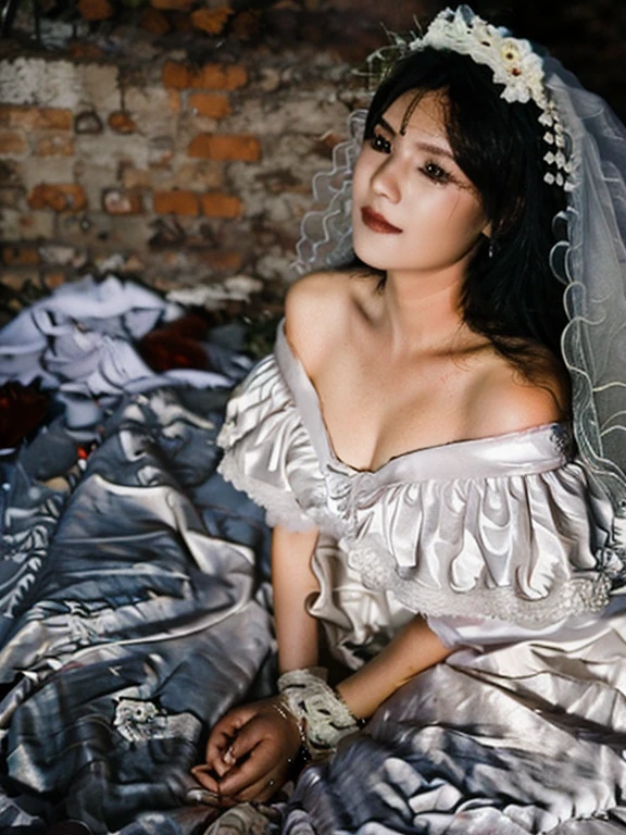 The woman in the photo is wearing a luxurious wedding dress.