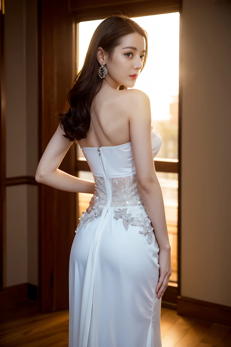 ((top quality、8K、Masterpiece:1.3))、Extremely delicate beautiful girl,huge breasts,bigger breasts,amazing breast size,G cup,Sunset。Wear big earrings,Very white skin,moist red lips,Waist is very thin,Thighs are very thin,big ass,exposed,fair and smooth skin,Smooth and fair skin,flawless skin,Fair and shiny skin,cold white skin,The camera focuses on the chest,bright light,Bandeau dress,transparent skirt,Openwork skirt,Exposed shoulders,white hair,The hair is gray,Back exposed to buttocks,The back is exposed to the waist and hip line,Smooth white back,Stand sideways,Straight posture