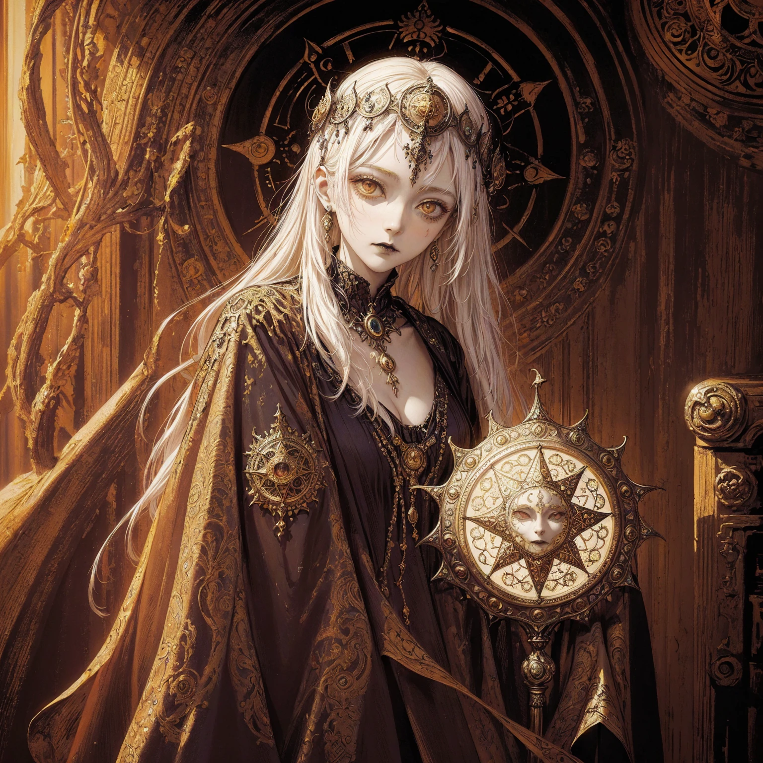 Art of a Woman Wearing a Sun Crown, (((Occult art))), Very detailed goddess ancient art, Sacredness. Very detailed, Mysterious inspiration, Inspiration from the Sun God, (Faded pictures :1.2), Snob face, Full body portrait, (Gothic art style, Weird art style :1.3), faded colors