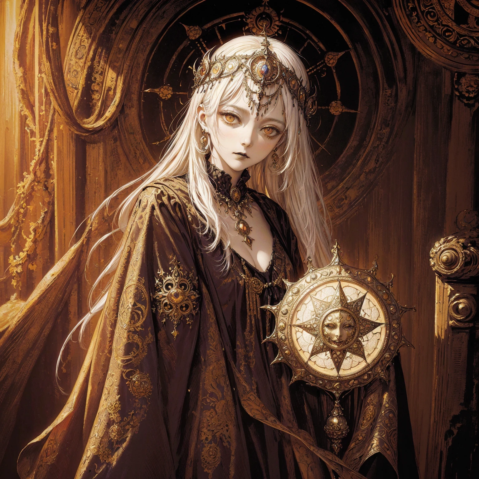 Art of a Woman Wearing a Sun Crown, (((Occult art))), Very detailed goddess ancient art, Sacredness. Very detailed, Mysterious inspiration, Inspiration from the Sun God, (Faded pictures :1.2), Snob face, Full body portrait, (Gothic art style, Weird art style :1.3), faded colors