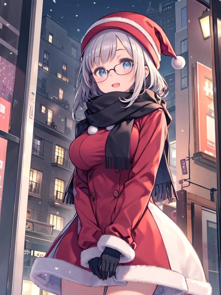 One Girl、Big Breasts、christmas eve、Holy Night、White Christmas、Shining Snow、City lights、Falling snow、shop window、Winter clothes、Glasses、Scarf、Woolen hat、Woolen gloves、Looking up at the sky、Angle from below、I'm thrilled、laughing、