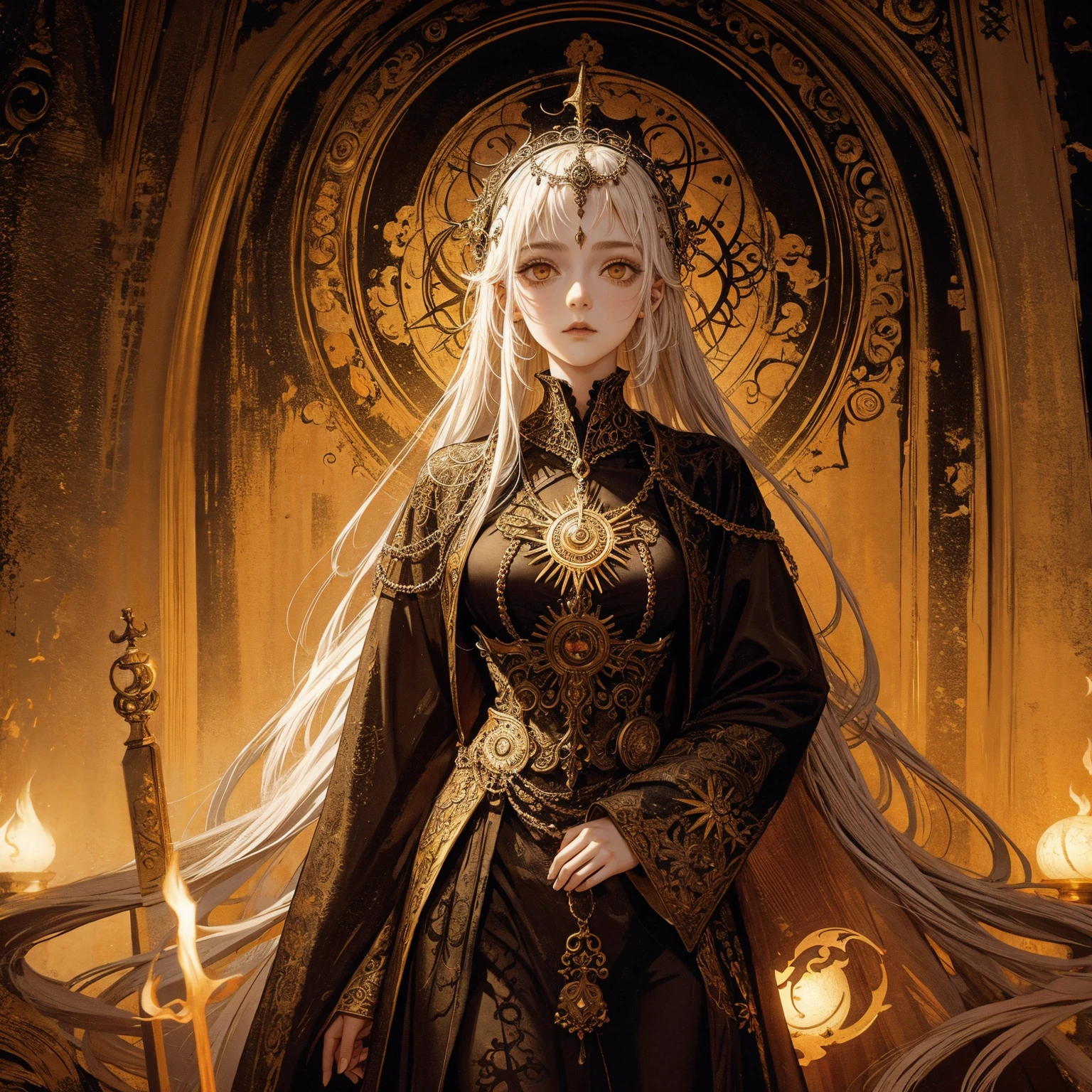 Art of a Woman Wearing a Sun Crown, (((Occult art))), Very detailed goddess ancient art, Sacredness. Very detailed, Mysterious inspiration, Inspiration from the Sun God, (Faded pictures :1.2), Snob face, Full body portrait, (Gothic art style, Weird art style :1.3), faded colors