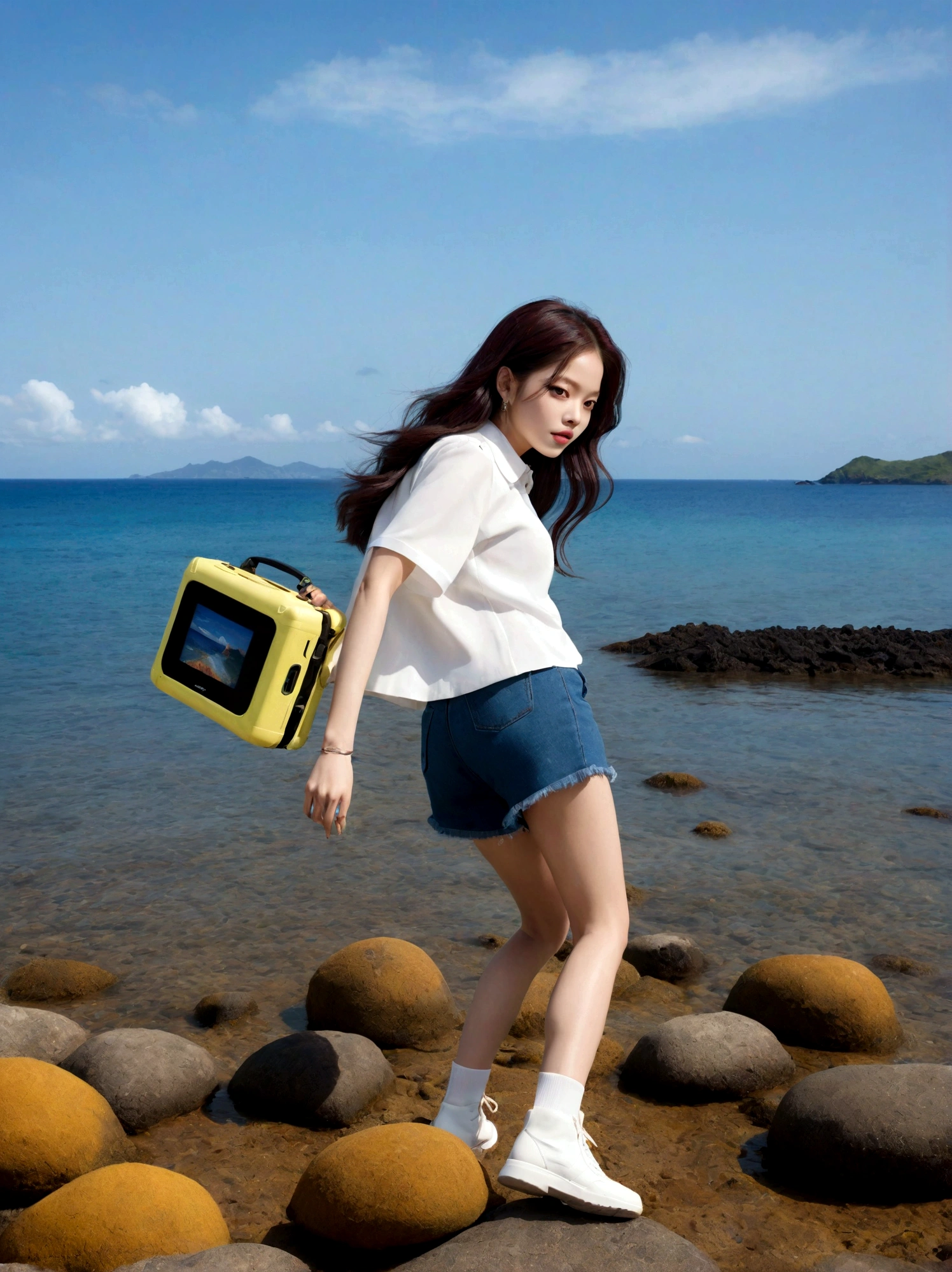 ccurate, 8k, super detail, best quality, realistic,blackpink jennie, Jeju Island sea