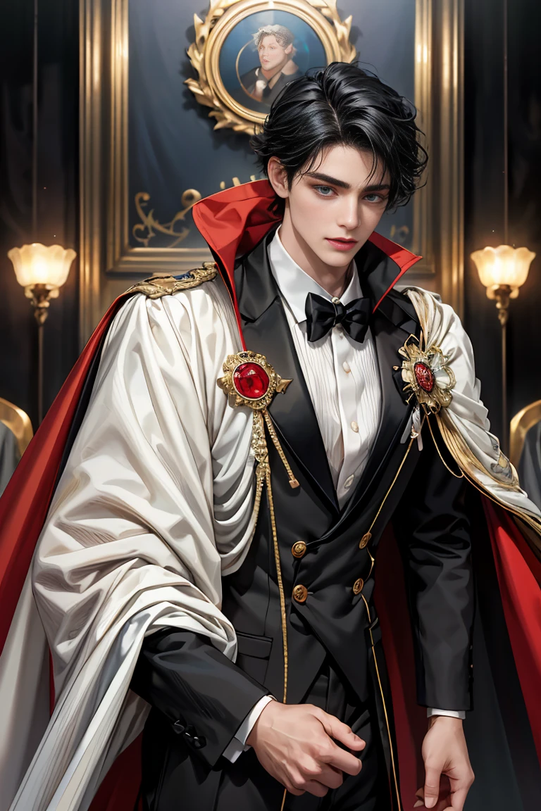 masterpiece, 最high quality, high quality, 1 boy, alone, Male focus, Watching the audience, Messy black hair, Adorable big blue eyes, White, Noble, Noble,Sexy voluminous cape、Tuxedo、A very voluminous, large, very large, very large, long, long red and black cape with a high stand-up collar, reaching down to the floor, made of a lot of fabric., ,Cute beautiful boys,Cute, cute, kind, handsome guy