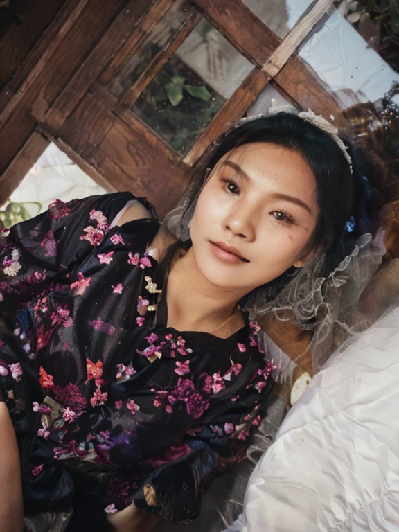 Photo taken in front of an Indonesian traditional house. The house has wooden doors and windows, and there are plants growing in the yard. The woman in the photo is wearing a luxurious wedding dress. The photo was likely taken in a rural area.