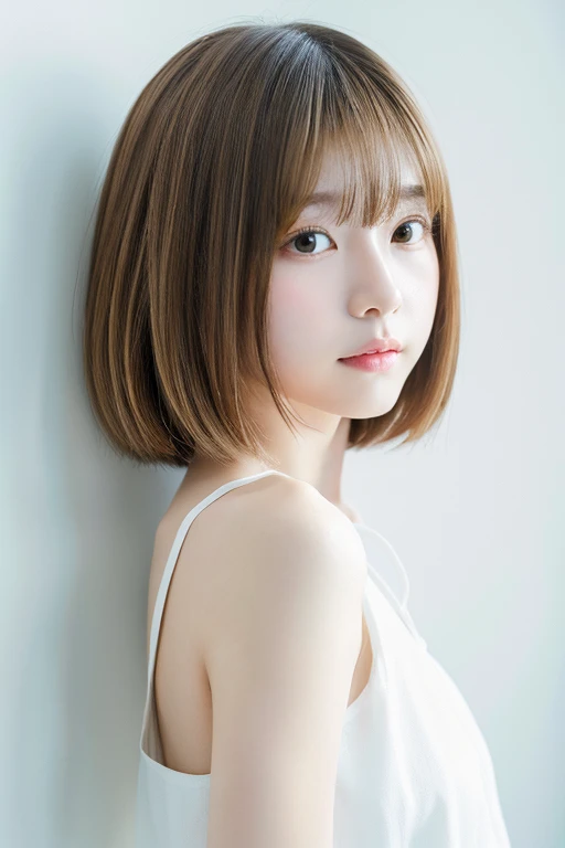 highest quality、masterpiece、High resolution、One Girl、solo、RAW Photos、Real person、Detailed skin、Japanese、Blonde、Thin bangs、short hair、Bobcut、back of head、Upper Body、Clear skin、White shirt、White Room、White wall