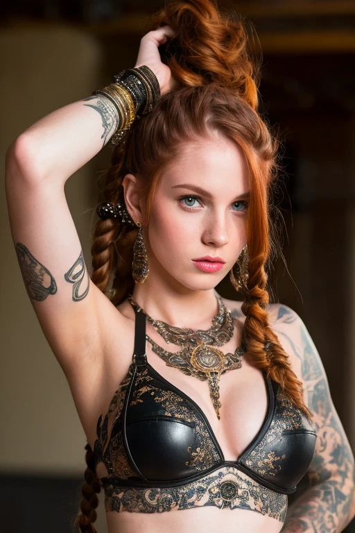 an steampunk girl at a , (white crop top:1.2), small breasck and blue leather, tattoo, hyper detailed, ultra sharp, long auburn hair in braids, 8k, (insanely detailed:1.5), full body photograph, 20 megapixel, canon eos r3, detailed skin, pale skin