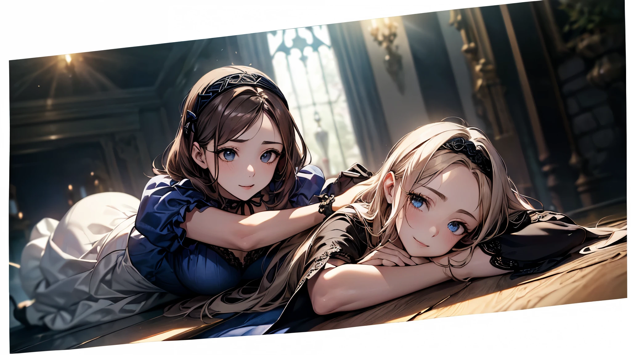 ((Biologically correct limb count))、((whole body including face))、4K、Masterpiece、((Focus on the face))、((Symmetrical, well-proportioned facial features))、Eyes with delicate depictions、(((1 person)))、Beautiful woman、Outstanding style、Slender Body、((Headband、Gothic ta、Blue dress、(High heels)))、(smile)、(Close-up photo of the upper body)、High angle、Look Up、Photo with white border、lie down、Prone