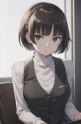 makotonijima, makoto nijima, blunt bangs, braid, brown hair, crown braid, (red eyes:1.3), short hair,
BREAK black shiny leggings, black vest, bow, checkered clothes, long sleeves, pleated, pleated skirt, red bow, , shirt, shuujin academy , black shiny tights, sweater, sweater vest, turtleneck, turtleneck sweater, vest, white shirt, white sweater
BREAK looking at viewer,
BREAK indoors, classroom,
BREAK (masterpiece:1.2), best quality, high resolution, unity 8k wallpaper, (illustration:0.8), (beautiful detailed eyes:1.6), extremely detailed face, perfect lighting, extremely detailed CG, (perfect hands, perfect anatomy),