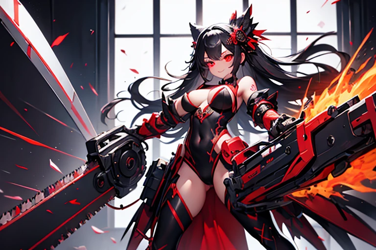 Fighting Princess。Chainsaw in hand。Hold a big weapon。Yandere Face。A smile。black and red armor。bodystocking。The navel is visible。red eyes。Chained arrays。Tangled chains。sharp claws。Sexy。Dark indoor。