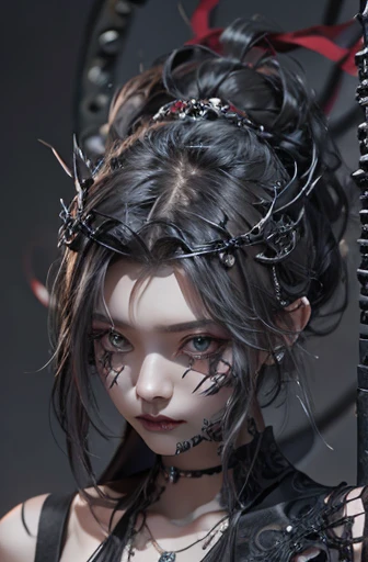 highest quality、8k、masterpiece:1.3、Gothic Punk、The inner color is red、Gray Black Hair、hair ornaments、beautiful girl、creative、Dark Fantasy Style、Neogoth、Goth Fashion:1.2、High resolution、masterpiece、highest quality、頭w:1.3、((Hasselblad Photos))、Fine skin、Sharp focus、(Cinema Lighting)、Realistic textured hair