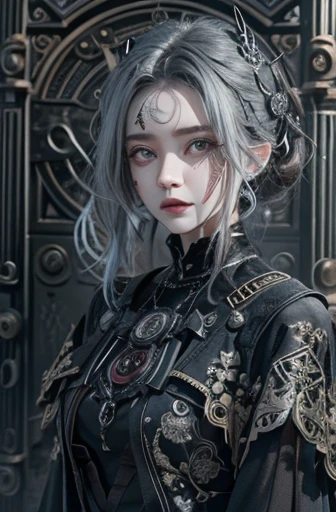 highest quality、8k、masterpiece:1.3、Gothic Punk、The inner color is red、Gray Black Hair、hair ornaments、beautiful girl、creative、Dark Fantasy Style、Neogoth、Goth Fashion:1.2、High resolution、masterpiece、highest quality、頭w:1.3、((Hasselblad Photos))、Fine skin、Sharp focus、(Cinema Lighting)、Realistic textured hair