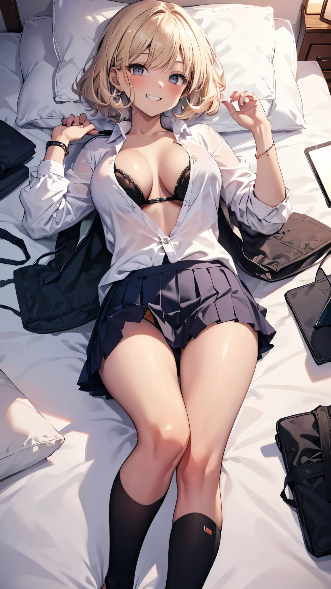 ((masterpiece、highest quality、Very detailed))、One Girl、gyaru、((Brown skin:1.3))、Blonde、short hair、Grey Eyes、evil smile、((Grin))、((Open chest))、Large Breasts、((White shirt))、((Black pleated skirt))、Cowboy Shot、Lying on your back in bed、Shoot from above、Bedroom Background