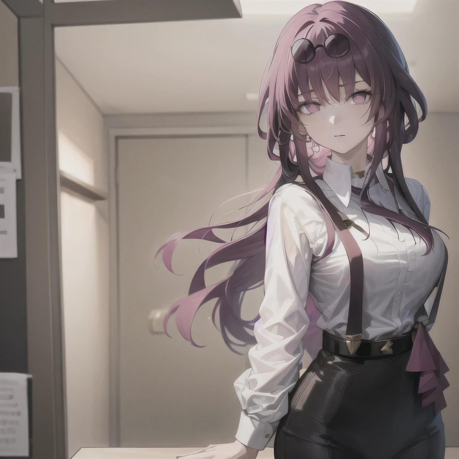 masterpiece, highest quality, One girl, Kafka, Purple Hair, Long Hair, bangs, Purple eyes, Wear glasses on your head, White shirt, suspenders, tie, Arms behind back, close, View Viewer, alone, sketch, Simple Background