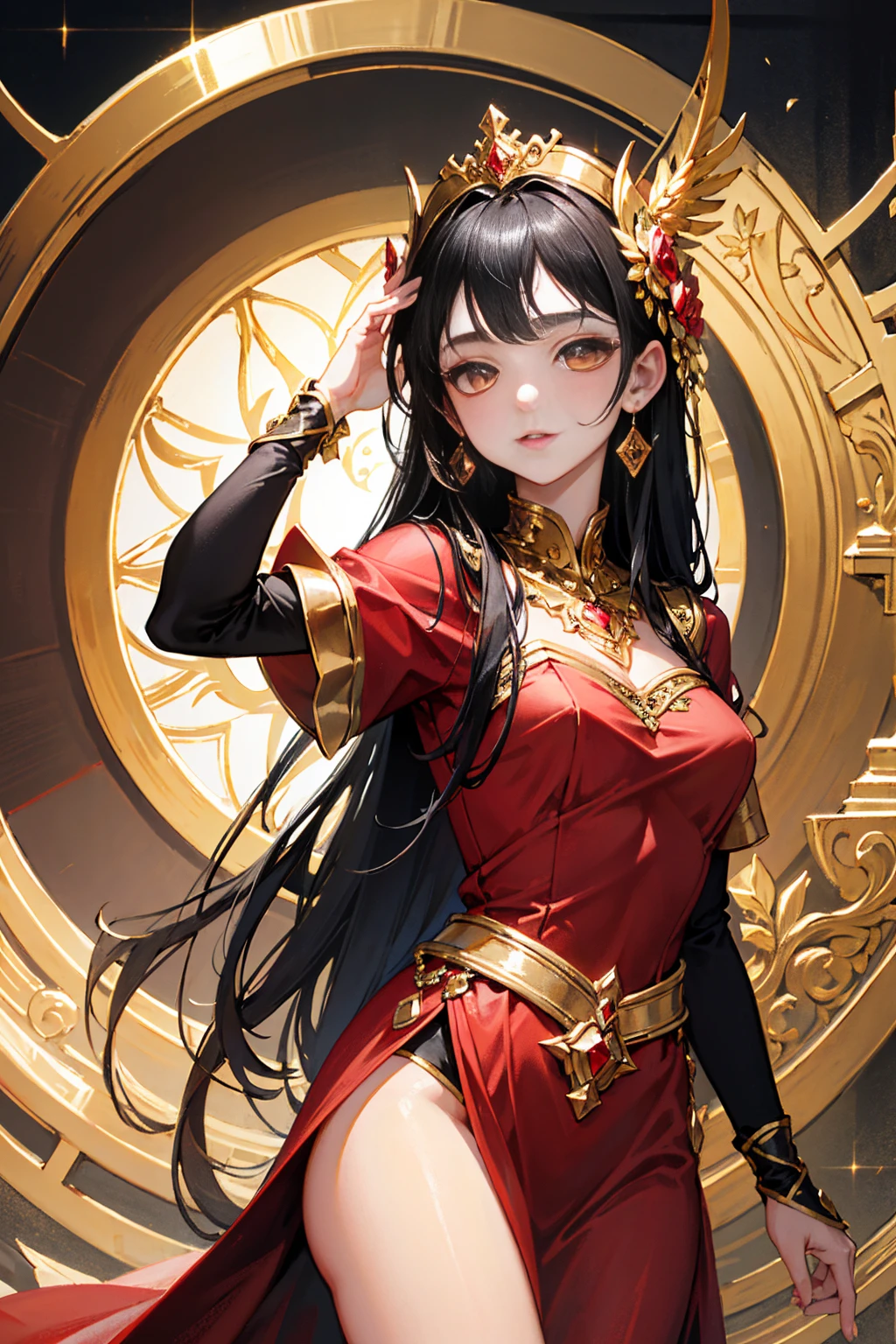 masterpiece,highest quality, Very detailed, beautiful,16k, Full HD,Black Hair,Golden Eyes,Princess,Red dress,Headdress