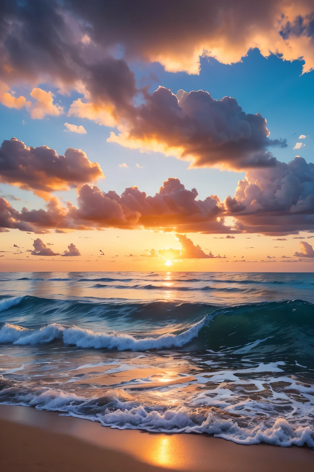 sunset beach, photo real, beautiful sky, beautiful sea, high detailed, high quality, masterpiece,