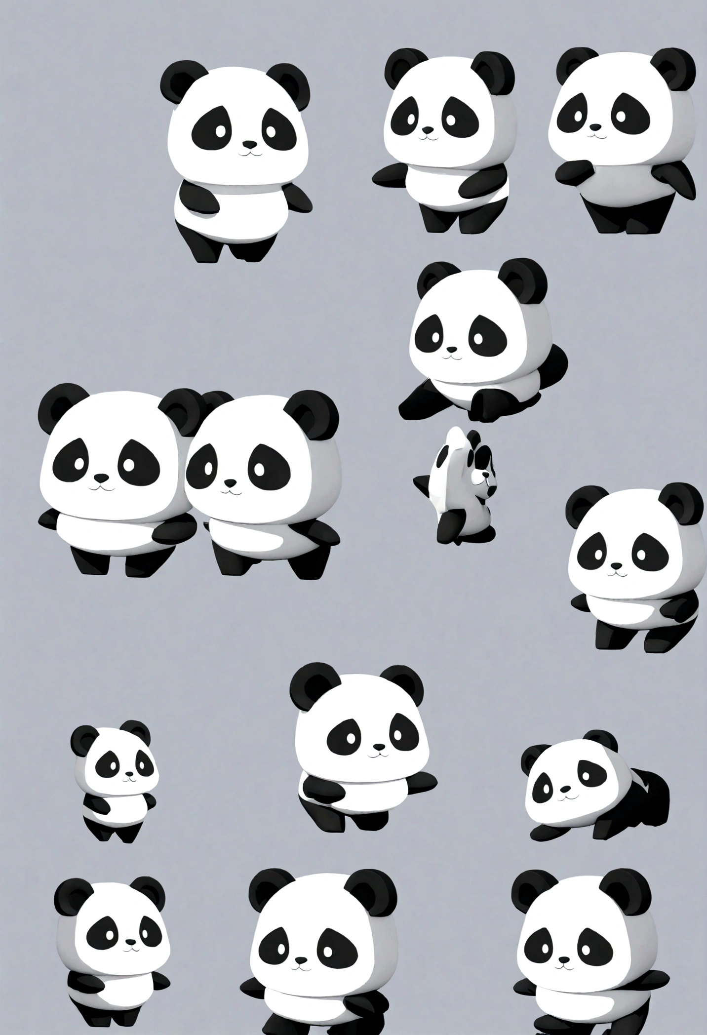 Chubby cute fluffy panda's, a fluffy::2 Exaggerated facial expressions, exaggerated action, 3D figures, Solid background, elongated shapes, cartoon style
