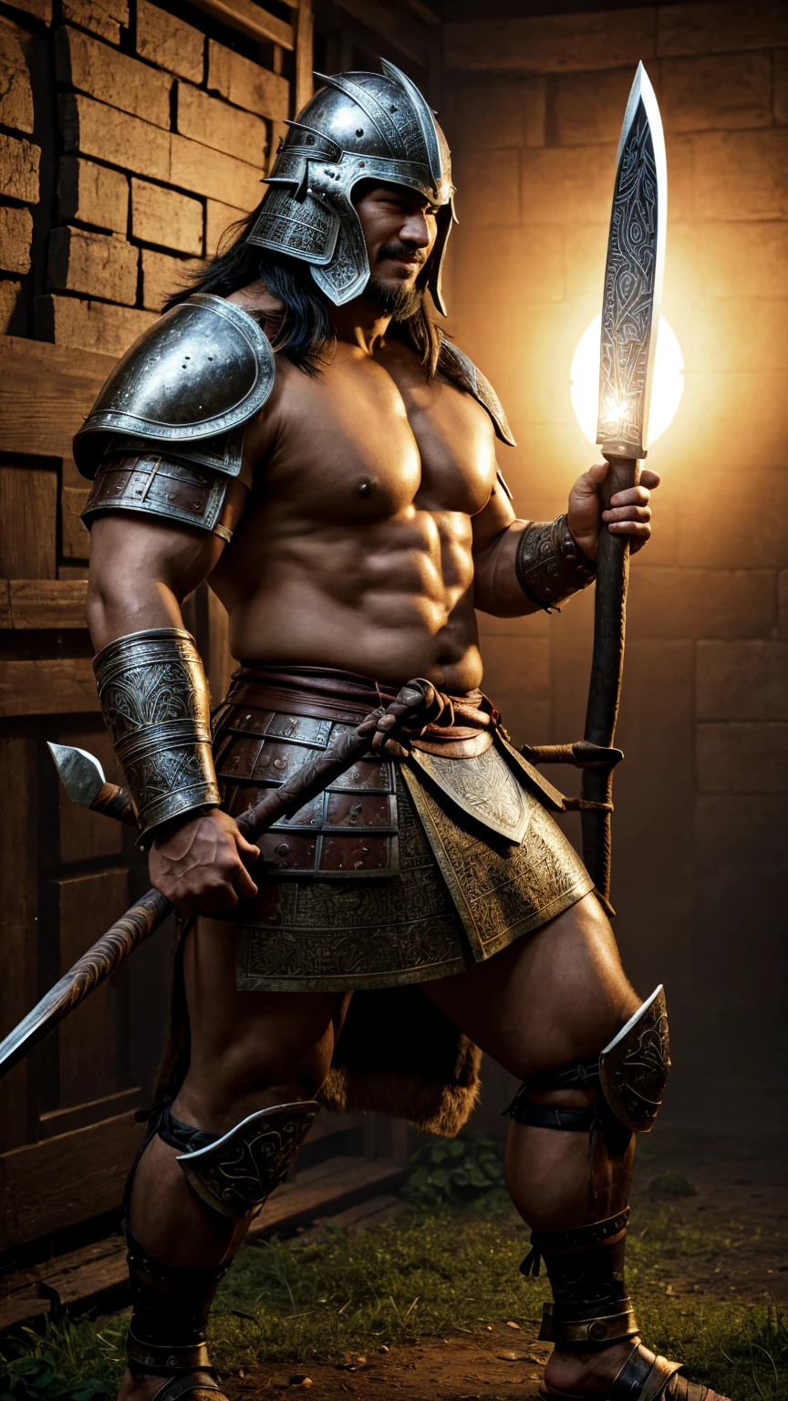 looking at me, face focus, a fat gentle barbarian, mid combat, He is a Japanese barbarian, intense battle scene, leather armor, viking helmet, armored short skirt, holding a double edged ancient legendary axe, legs exposed from thighs to feet, fierce, battleground background, Standout features include a prominent nose and thick eyebrows, masterpiece, volumetric lighting, Dramatic, Uighur the Warden, ((ultra sharp)), ((masterpiece)), ((best quality)), ((ultra detailed)), ((intricate details)), Inguinal region detailed, Dilapidated, smirking of satisfaction,