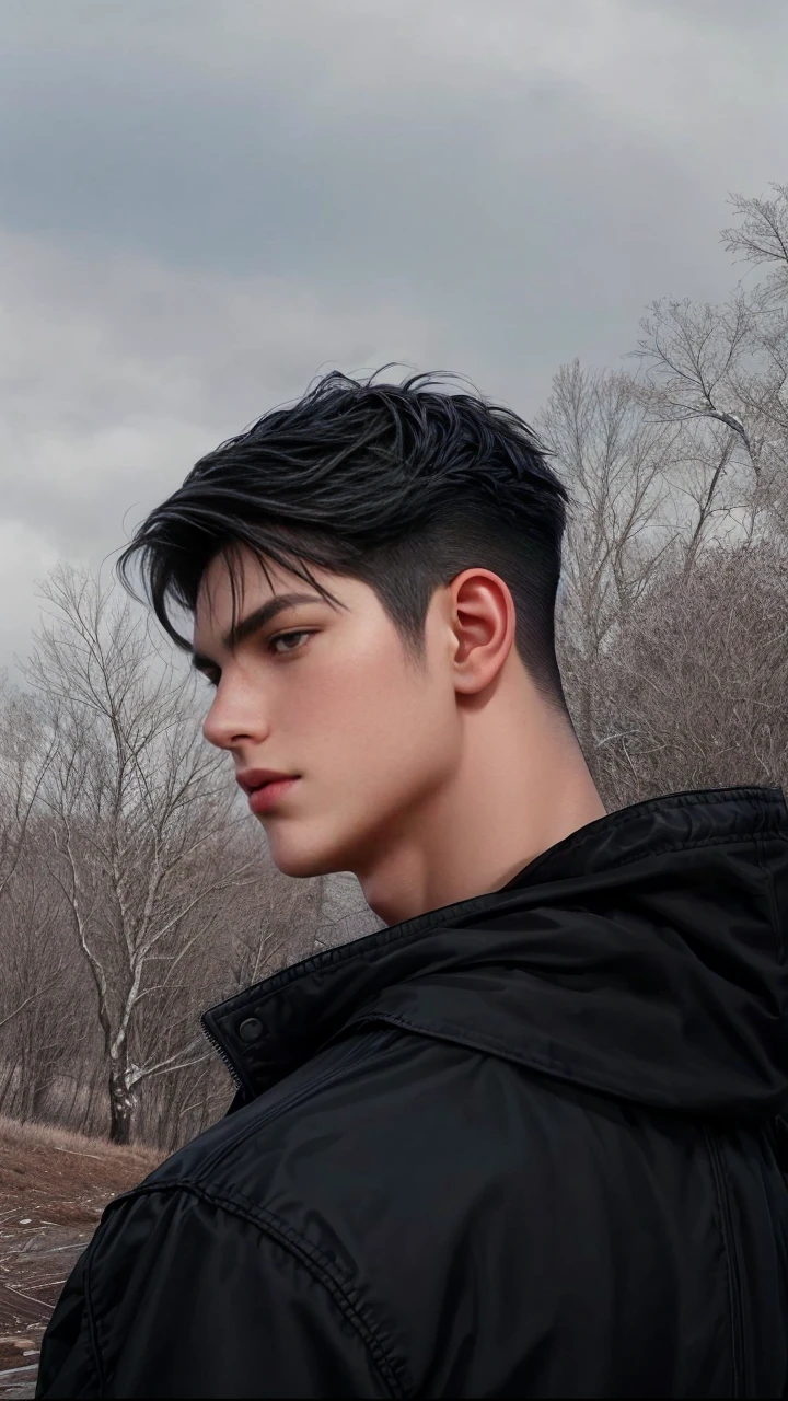 masterpiece, 1boy, young, handsome, black hair, undercut hair, perfect face, detailed eyes and face,black eyes, jacket, clean shaved, muscular, capturing a rural atmosphere, dynamic lighting, unreal engine 5, naked upper body