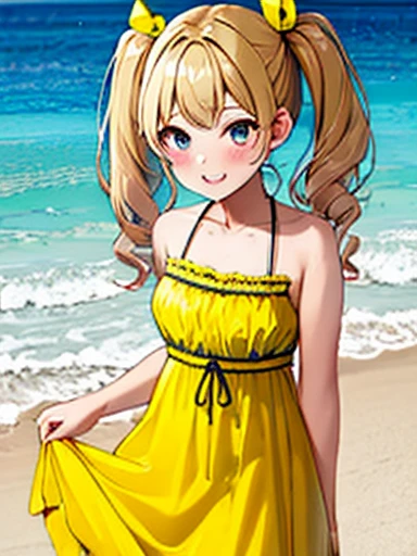 Beach、Beach、Yellow dress、Swimwear、girl、solo、Twin tails、Blonde Hair、