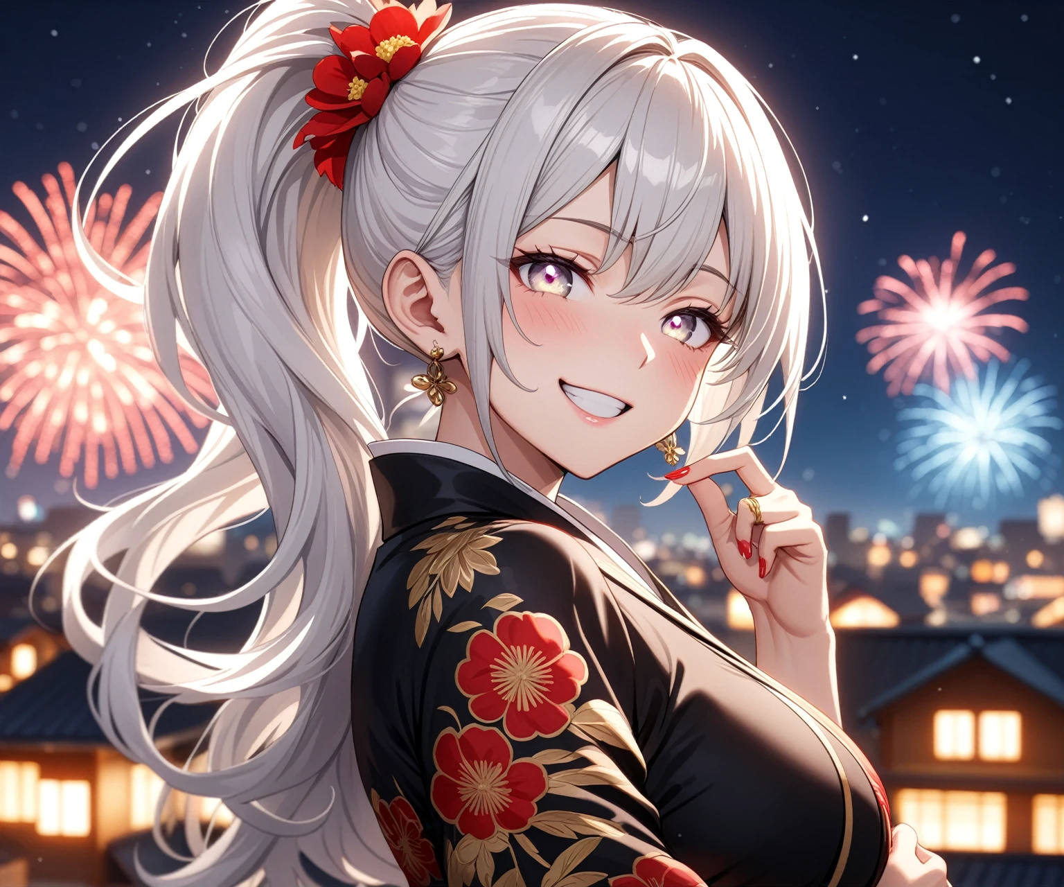 ((one personの女性)), Beautiful Face,Laughing embarrassedly,((Wink:2.0)),Laughing with your mouth open,((Bright red cheeks:1.3)),Glossy pink lips,night,Rooftop festival,firework,Ocean,((Anime style background)),masterpiece, highest quality, so beautiful, Latest, Complex details, (Pink long nails),(ring),AI-generated, Complex,High resolution, highest quality, super high quality,3D Images、View your viewers、3D Images,one person,Long white hair,High Ponytail,blue eyes,Anime woman posing for a photo, ((Fine grain、Silvery white colorful eyes、Shining Eyes:1.3)),(Squint your eyes:1.1),a hyperRealistic , hyperRealistic , Realistic,Anime woman with long and white hair, Smooth anime CG art, A woman in a colorful kimono with gold embroidery, (Black kimono),Red floral pattern,Long flower hair ornament,Big earrings,Mature Body,(Big Breasts:1.1),Tall,Big Ass,Fine details,Narrow waist,Abdominal muscles,(Face close-up:1.4),