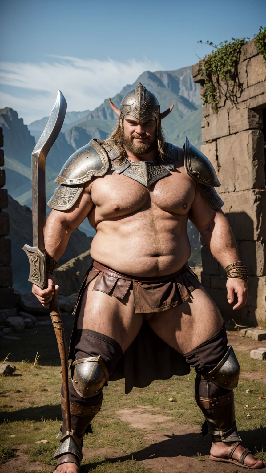 looking at me, face focus, a fat gentle barbarian, mid combat, intense battle scene, leather armor, viking helmet, armored short skirt, holding a double edged ancient legendary axe, legs exposed from thighs to feet, fierce, battleground background, Standout features include a prominent nose and thick eyebrows, masterpiece, volumetric lighting, Dramatic, Uighur the Warden, ((ultra sharp)), ((masterpiece)), ((best quality)), ((ultra detailed)), ((intricate details)), Inguinal region detailed, Dilapidated, smirking of satisfaction,