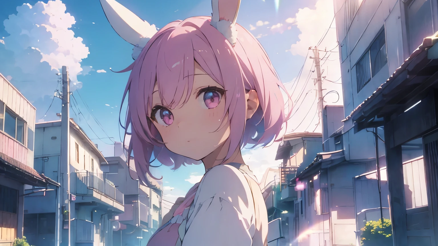 highest quality, pretty girl, pastel colour, Fluffy bunny ears, Pink short bob,Pale pink eyes,Sky with rainbows