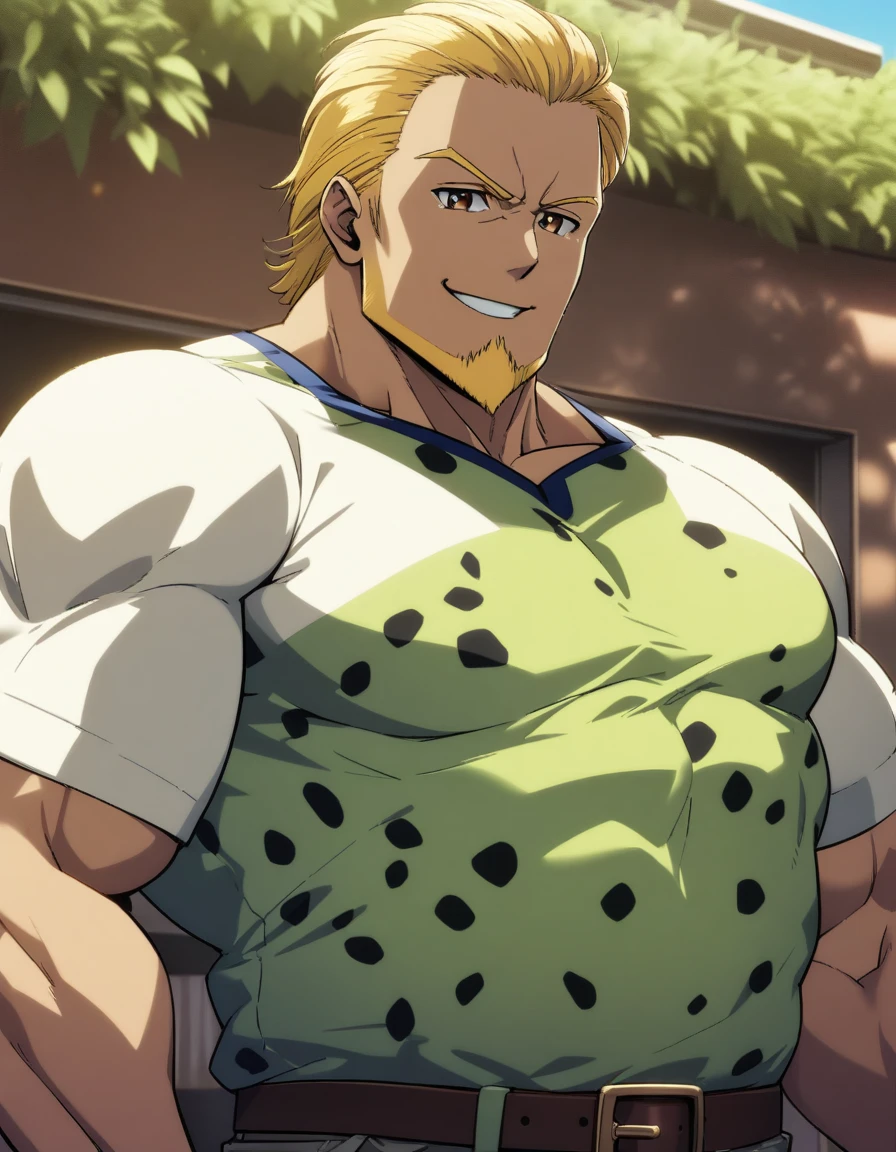 1man, ordinary chinpira, 30yo, brown-blonde, bangs upper, forehead, short hair, smart pentagon face, beige skin, netori male, brown eyes, friendly, tough guy, beautiful detailed eyes, mature, blond goatee, short flaped hair, masculine, yarichin, ideal ratio body proportions, solo, upperlegs focus, leopard print shirt, summer, soft grinning, standing, detailed background, cinematic colored, visual novel, caustics, textile shading, 2010s, in capcom art style, extreme all detailed, sharp vision, masterpiece, best quality
