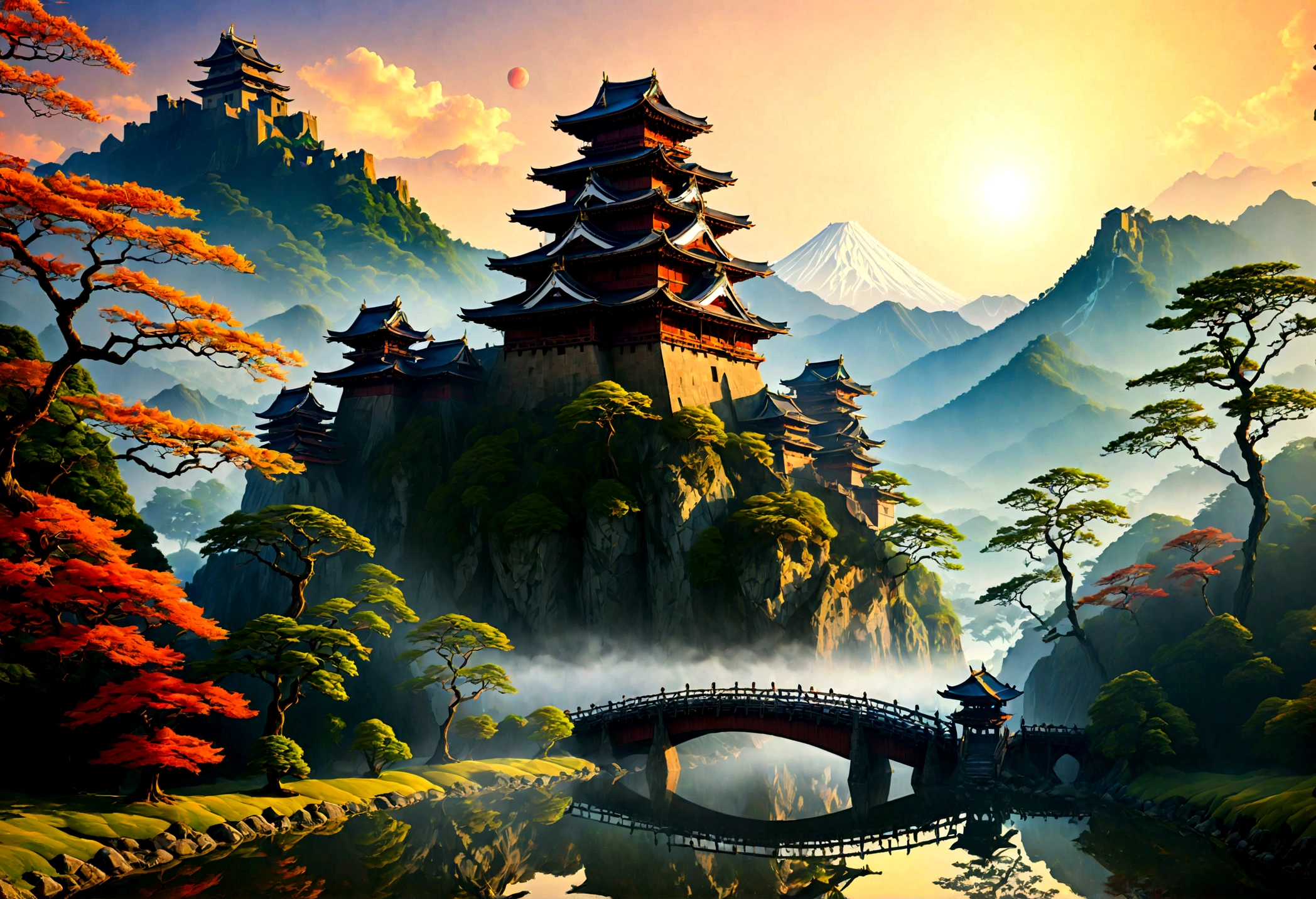 an award winning picture, National Geographic style, Arafed, magnificent artistic picture of a (Japanese medieval castle: 1.4) (masterpiece, best detailed: 1.4)on a mountain range near a lake at dusk, fantasy art D&D art, castle, with towers, turrets, barbican, it is dusk time, the sun is going down, and there are stars in the skies, the last rays of sun, there is a ((bridge lit by torches: 1.4)) crossing to the other side, the castle is being reflected in the water, mist rising from the water, fantasy forest background, ultra best realistic, best details, 16k, [ultra detailed], masterpiece, best quality, (extremely detailed), photorealism, depth of field, hyper realistic painting, digital art