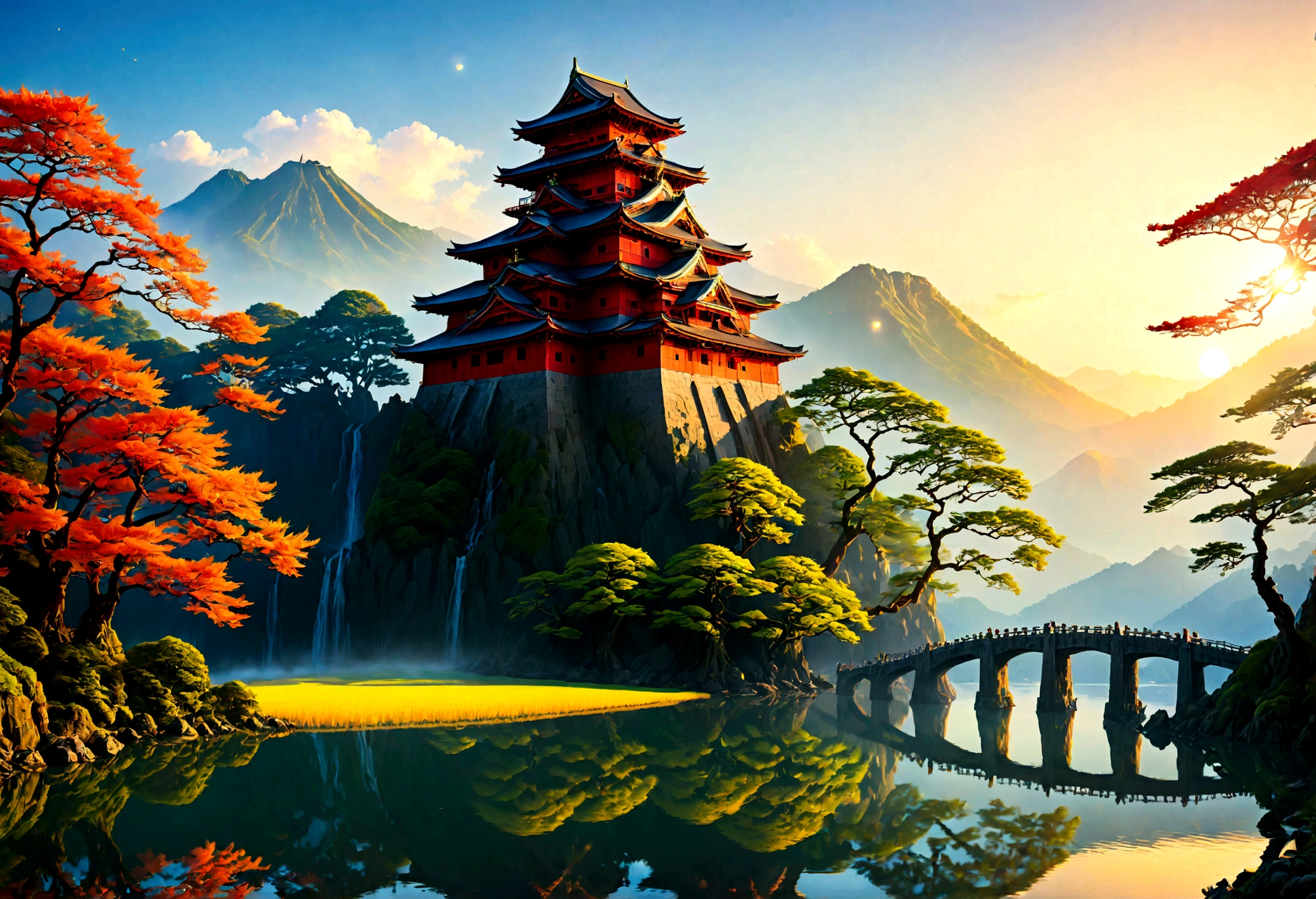 an award winning picture, National Geographic style, Arafed, magnificent artistic picture of a (Japanese medieval castle: 1.4) (masterpiece, best detailed: 1.4)on a mountain range near a lake at dusk, fantasy art D&D art, castle, with towers, turrets, barbican, it is dusk time, the sun is going down, and there are stars in the skies, the last rays of sun, there is a ((bridge lit by torches: 1.4)) crossing to the other side, the castle is being reflected in the water, mist rising from the water, fantasy forest background, ultra best realistic, best details, 16k, [ultra detailed], masterpiece, best quality, (extremely detailed), photorealism, depth of field, hyper realistic painting, digital art