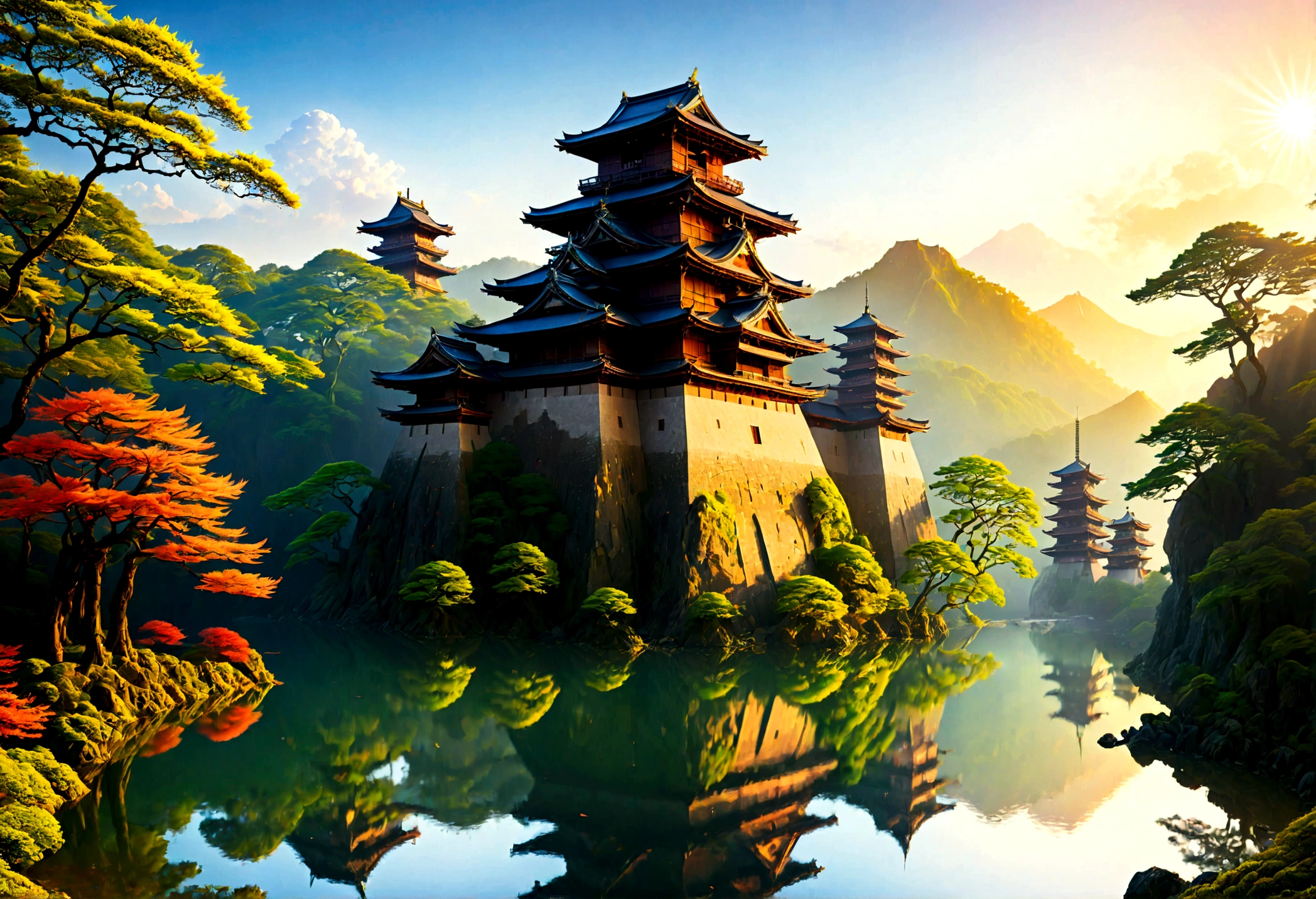 an award winning picture, National Geographic style, Arafed, magnificent artistic picture of a (Japanese medieval castle: 1.4) (masterpiece, best detailed: 1.4)on a mountain range near a lake at dusk, fantasy art D&D art, castle, with towers, turrets, barbican, it is dusk time, the sun is going down, and there are stars in the skies, the last rays of sun, there is a ((bridge lit by torches: 1.4)) crossing to the other side, the castle is being reflected in the water, mist rising from the water, fantasy forest background, ultra best realistic, best details, 16k, [ultra detailed], masterpiece, best quality, (extremely detailed), photorealism, depth of field, hyper realistic painting, digital art