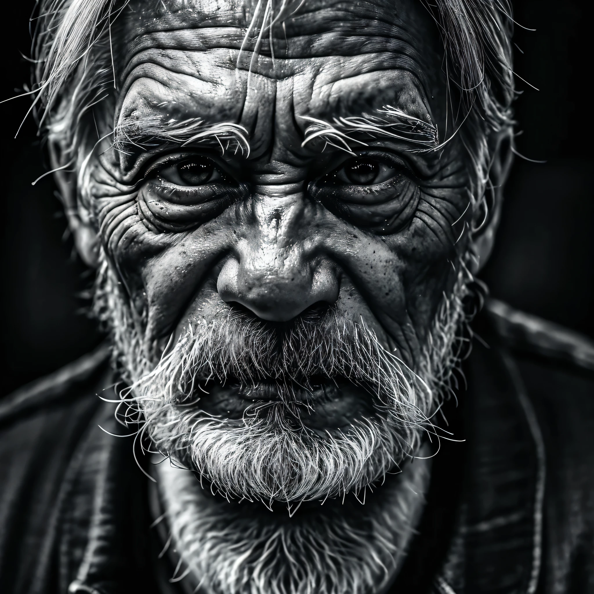black and white potrait of a close-up shot of 60 years rugged old man looking into the camera, realistic details, photo taken with a Nikon D850, a shallow depth of field, lit by intense neon light outlining his fierce, enigmatic features with a focus on his eyes