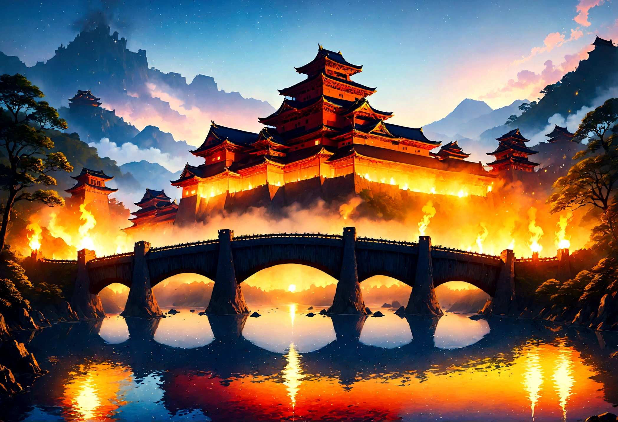 an award winning picture, National Geographic style, Arafed, magnificent artistic picture of a (Japanese medieval castle: 1.4) (masterpiece, best detailed: 1.4)on a mountain range near a lake at dusk, fantasy art D&D art, castle, with towers, turrets, barbican, it is dusk time, the sun is going down, and there are stars in the skies, the last rays of sun, there is a ((bridge lit by torches: 1.4)) crossing to the other side, the castle is being reflected in the water, mist rising from the water, fantasy forest background, ultra best realistic, best details, 16k, [ultra detailed], masterpiece, best quality, (extremely detailed), photorealism, depth of field, hyper realistic painting, digital art