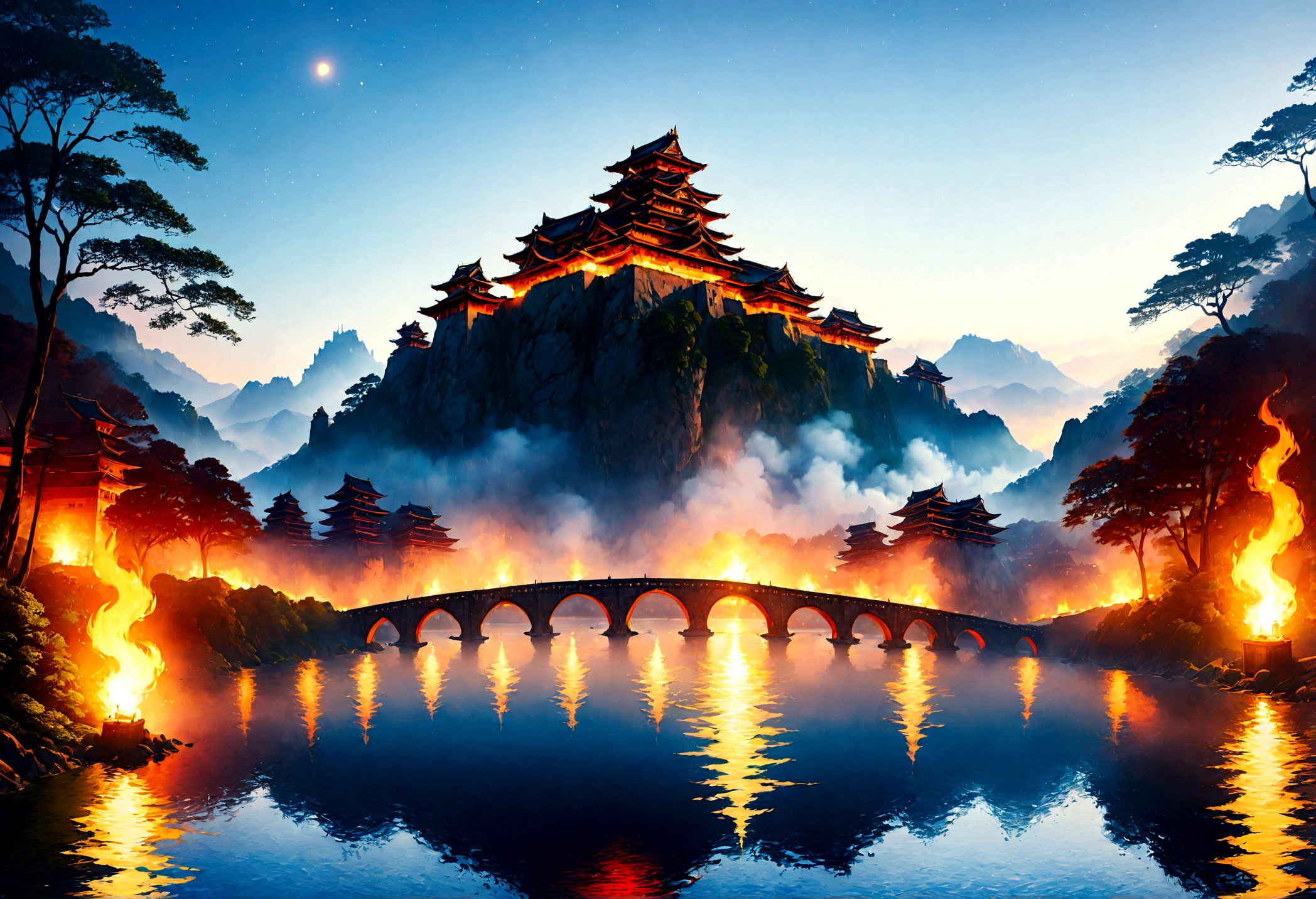 an award winning picture, National Geographic style, Arafed, magnificent artistic picture of a (Japanese medieval castle: 1.4) (masterpiece, best detailed: 1.4)on a mountain range near a lake at dusk, fantasy art D&D art, castle, with towers, turrets, barbican, it is dusk time, the sun is going down, and there are stars in the skies, the last rays of sun, there is a ((bridge lit by torches: 1.4)) crossing to the other side, the castle is being reflected in the water, mist rising from the water, fantasy forest background, ultra best realistic, best details, 16k, [ultra detailed], masterpiece, best quality, (extremely detailed), photorealism, depth of field, hyper realistic painting, digital art