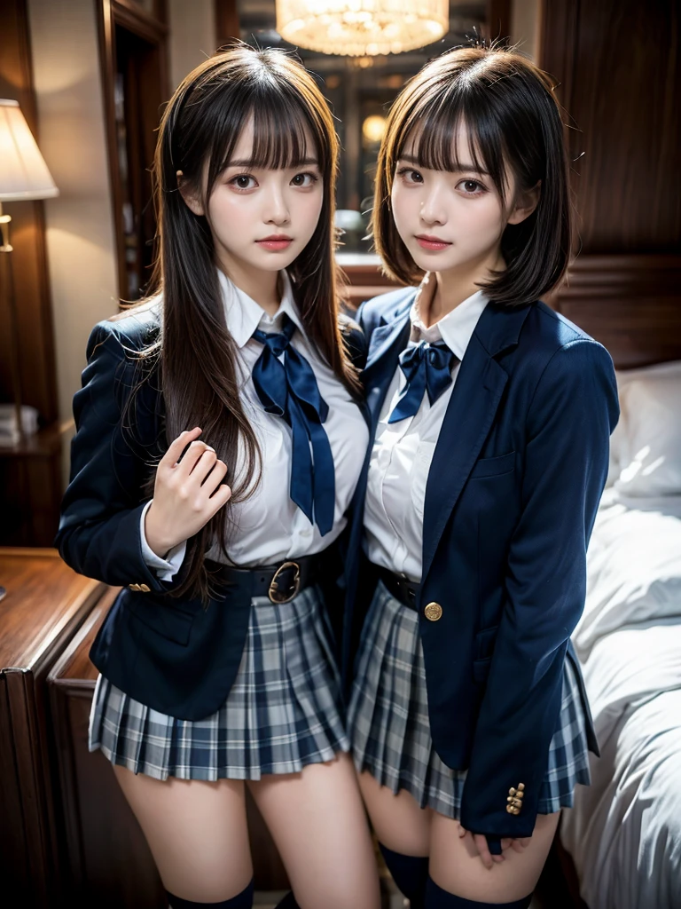 (8K, Raw photography, top-quality, masterpiece:1.2), muster piece, best quality, illustration, Super detailed, fine details, High resolution, 8K,wall paper, perfect dynamic composition,(Details High quality, realistic depiction of eyes:1.3), ((2 girls, 2 schoolgirls)), The background is a luxury hotel room、High school girl uniform、blazer 、Super Short Check Uniform Skirt、Navy blue high socks、garterbelts、Colossal tits、Disturbed uniform, Play with each other,Touching each other's bodies,Touching the body of the girl next door, short bob hair, black hair color, huge breasts, Big Natural Color Lip, bold sexy pose, (perfect body shape), crying a little、Harajuku style、20 year old girl、 beautiful legs, hposing Gravure Idol, Voluptuous thighs