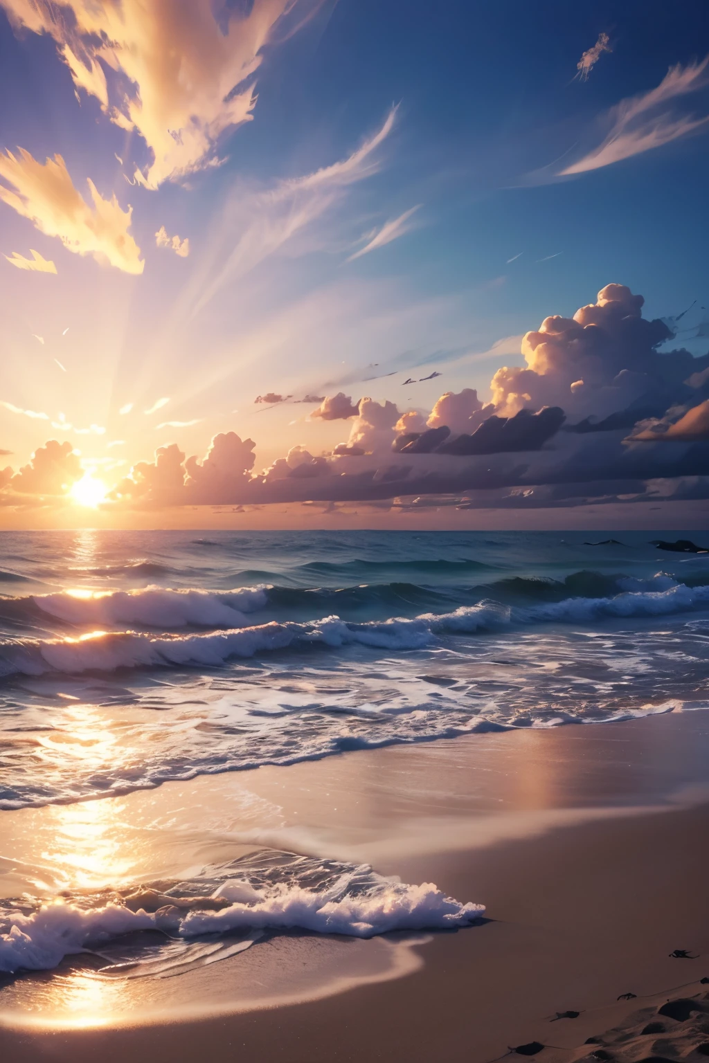 sunset beach, photo real, beautiful sky, beautiful sea, high detailed, high quality, masterpiece,