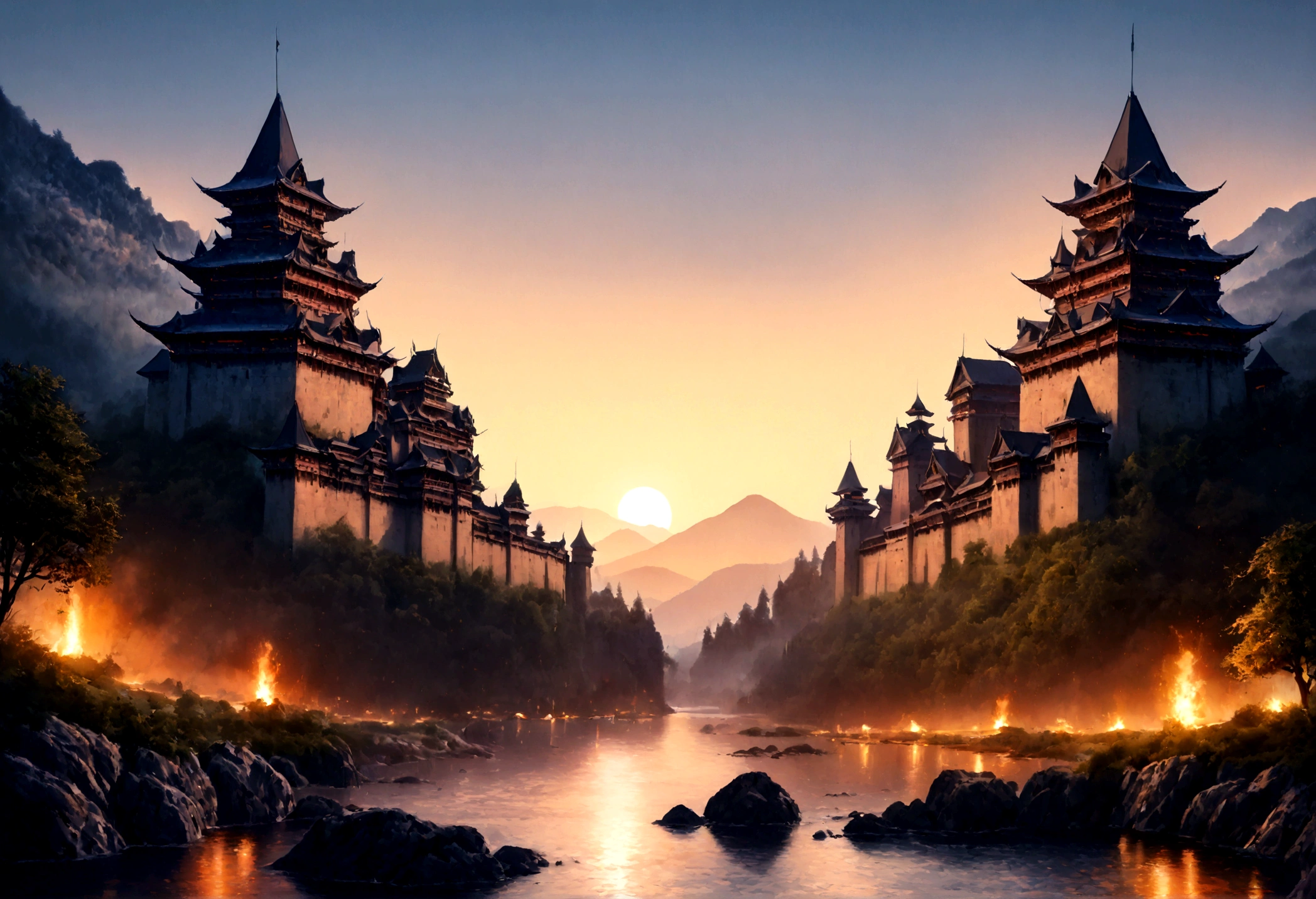 an award winning picture, National Geographic style, Arafed, magnificent artistic picture of a (Japanese medieval castle: 1.4) (masterpiece, best detailed: 1.4)on a mountain range near a lake at dusk, fantasy art D&D art, castle, with towers, turrets, barbican, it is dusk time, the sun is going down, and there are stars in the skies, the last rays of sun, there is a ((bridge lit by torches: 1.4)) crossing to the other side, the castle is being reflected in the water, mist rising from the water, fantasy forest background, ultra best realistic, best details, 16k, [ultra detailed], masterpiece, best quality, (extremely detailed), photorealism, depth of field, hyper realistic painting, digital art