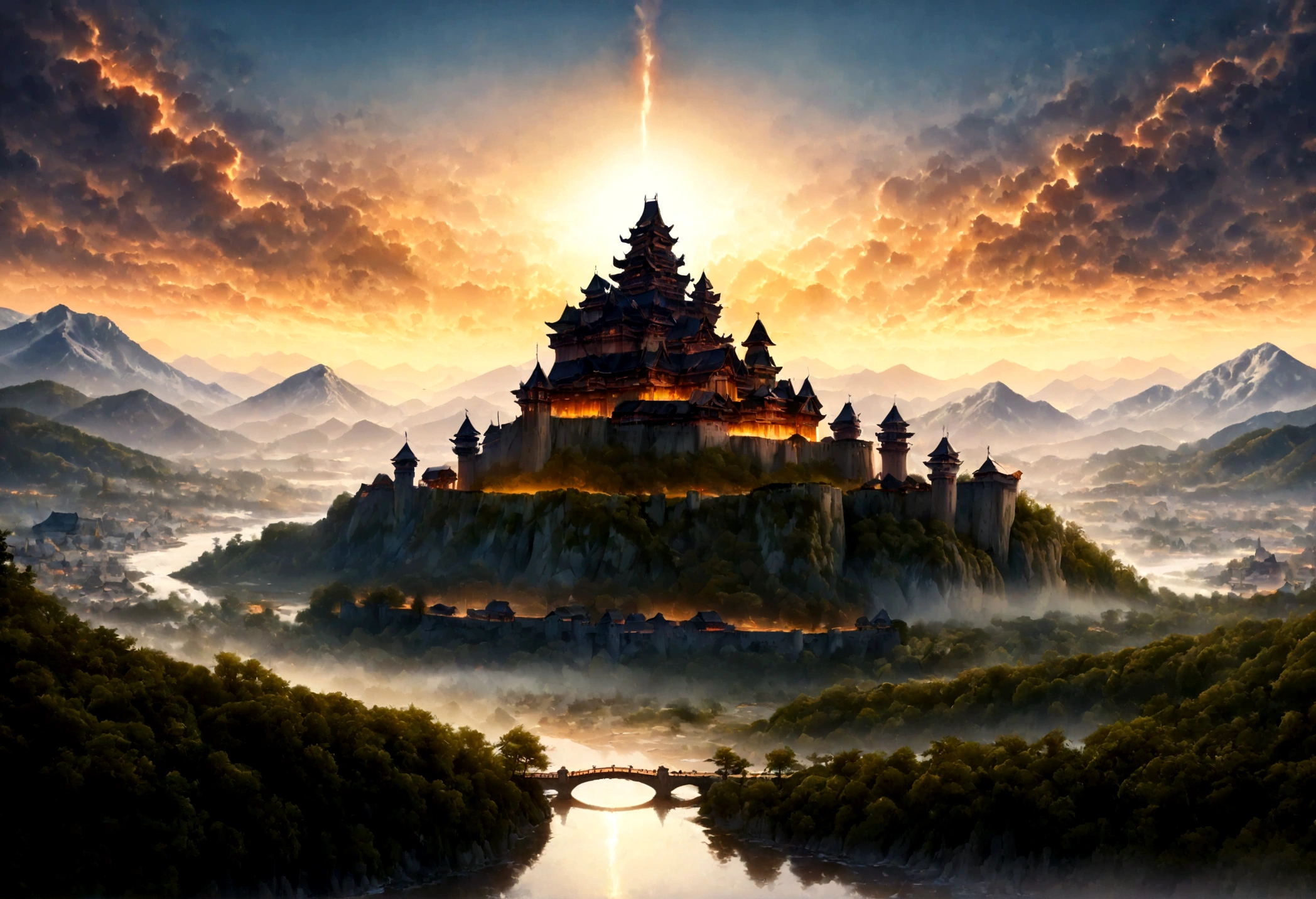 an award winning picture, National Geographic style, Arafed, magnificent artistic picture of a (Japanese medieval castle: 1.4) (masterpiece, best detailed: 1.4)on a mountain range near a lake at dusk, fantasy art D&D art, castle, with towers, turrets, barbican, it is dusk time, the sun is going down, and there are stars in the skies, the last rays of sun, there is a ((bridge lit by torches: 1.4)) crossing to the other side, the castle is being reflected in the water, mist rising from the water, fantasy forest background, ultra best realistic, best details, 16k, [ultra detailed], masterpiece, best quality, (extremely detailed), photorealism, depth of field, hyper realistic painting, digital art