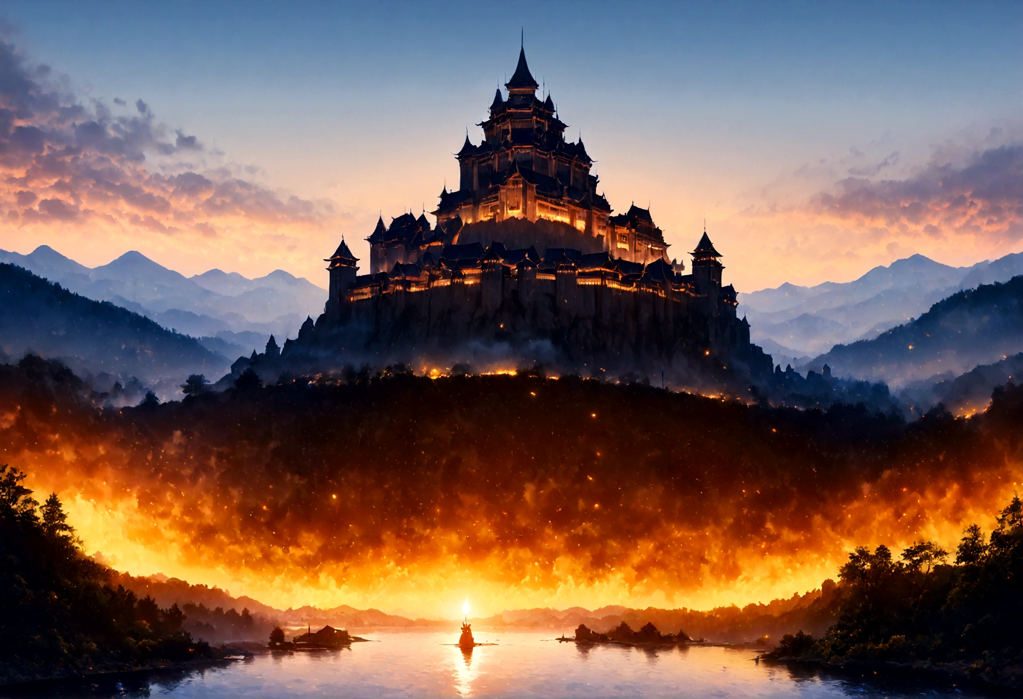 an award winning picture, National Geographic style, Arafed, magnificent artistic picture of a (Japanese medieval castle: 1.4) (masterpiece, best detailed: 1.4)on a mountain range near a lake at dusk, fantasy art D&D art, castle, with towers, turrets, barbican, it is dusk time, the sun is going down, and there are stars in the skies, the last rays of sun, there is a ((bridge lit by torches: 1.4)) crossing to the other side, the castle is being reflected in the water, mist rising from the water, fantasy forest background, ultra best realistic, best details, 16k, [ultra detailed], masterpiece, best quality, (extremely detailed), photorealism, depth of field, hyper realistic painting, digital art