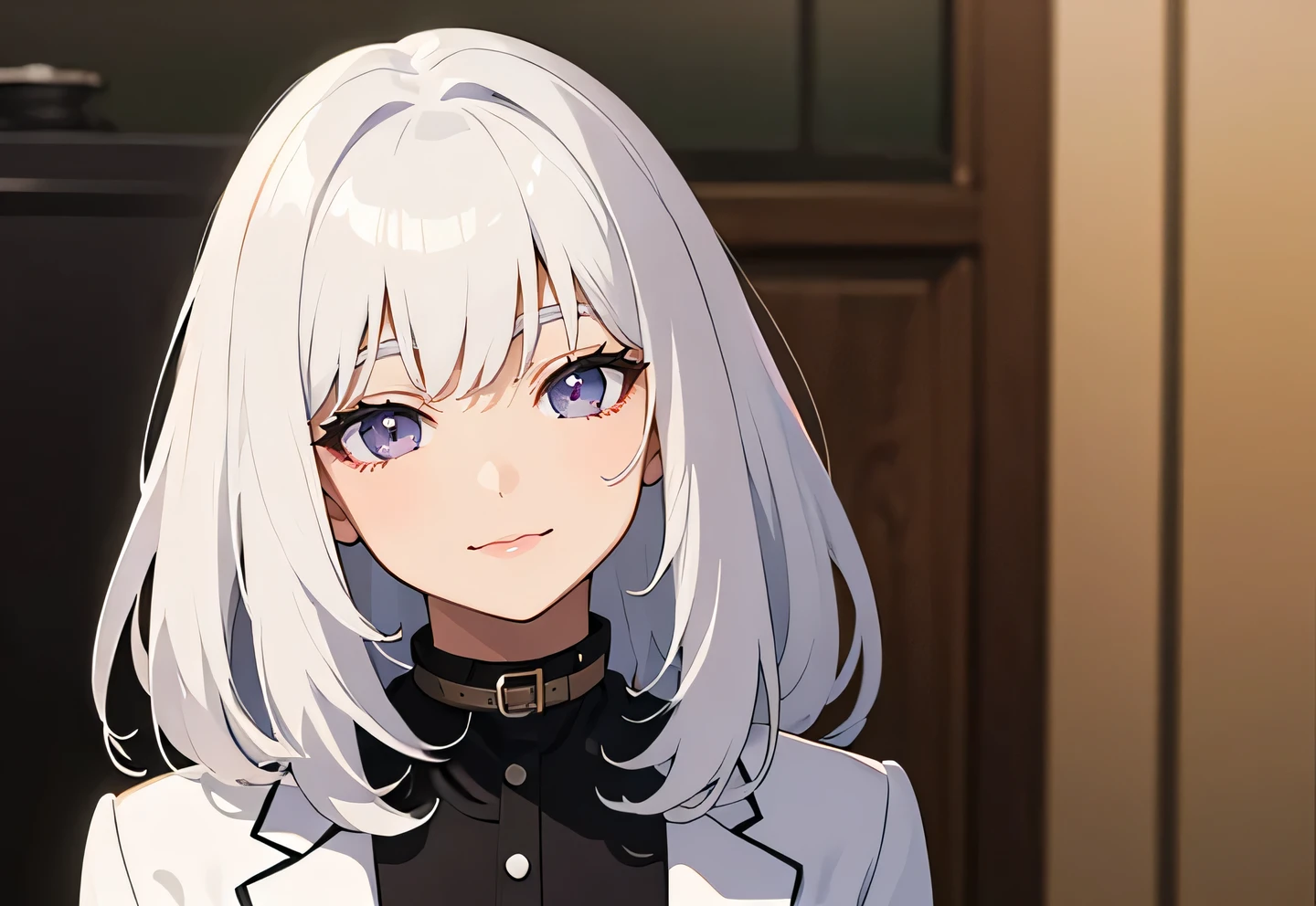 White hair, dark brunette skin, closed-lip smile, stylish clothes, collar, anime style, beatifull face, anime art, medium hair, only 1 human