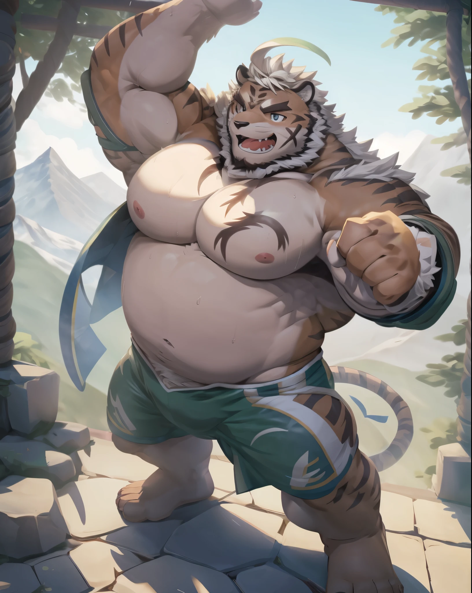 hombretigre, solo, (soft shading), 4k, hi res, ((detailed face, detailed eyes, detailed)), (full body), by zackarry911, by zaush, muscular, muscular male, bara, (plump), pose, gray eyes, male focus, nipples, thighs, stomach, bare pectorals, big belly predomination, athletic body ((correct anatomy: 1.3)), muscle gut, overweight, big belly predomination, high-angle view, by milkytiger1145, by 96panda, cosplaying as a monk, martial arts stance, detailed eyes, detailed face, detailed hands, detailed fists, detailed feet, muscular legs, mountain background, standing in front of trees, training with martial arts, fighting stance, fierce facial expression, smiling, mouth open, sweaty