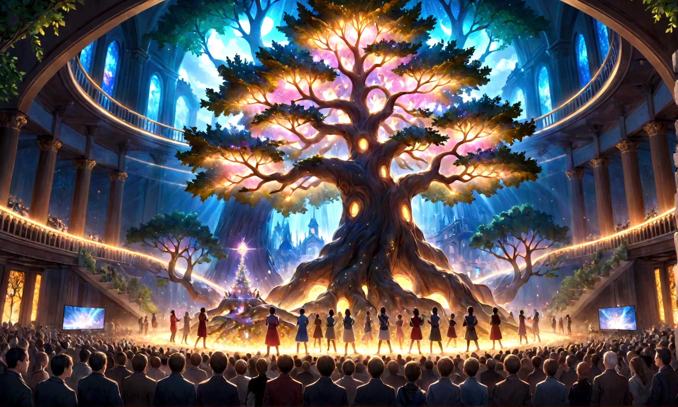 (world Tree: 1.4) towering in the center, Smash Glass, crowd,Animal crowd, glare, pink々Became, light up the world, center of frame, Delicate images, small details, HDR, 8K, award-winning photography,super detail,