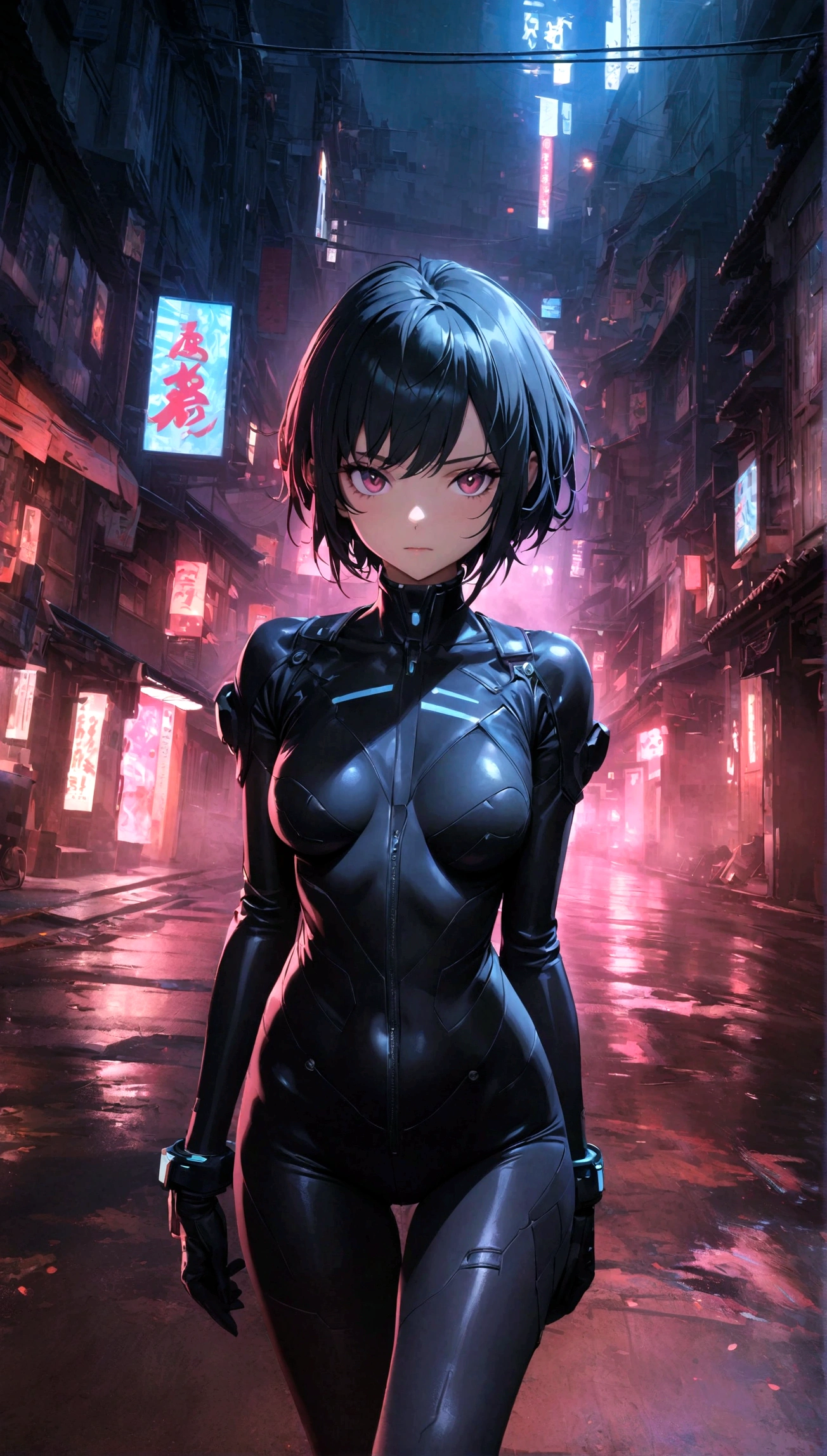 (Extremely detailed CG unity 8k wallpaper), (Extremely detailed), masterpiece, best quality, Japan, 《The City of the Killing》, Megumi Kishimoto, Solitary, short hair, medium breast, Cyberpunk black combat tights, looking at the audience, Thigh gap