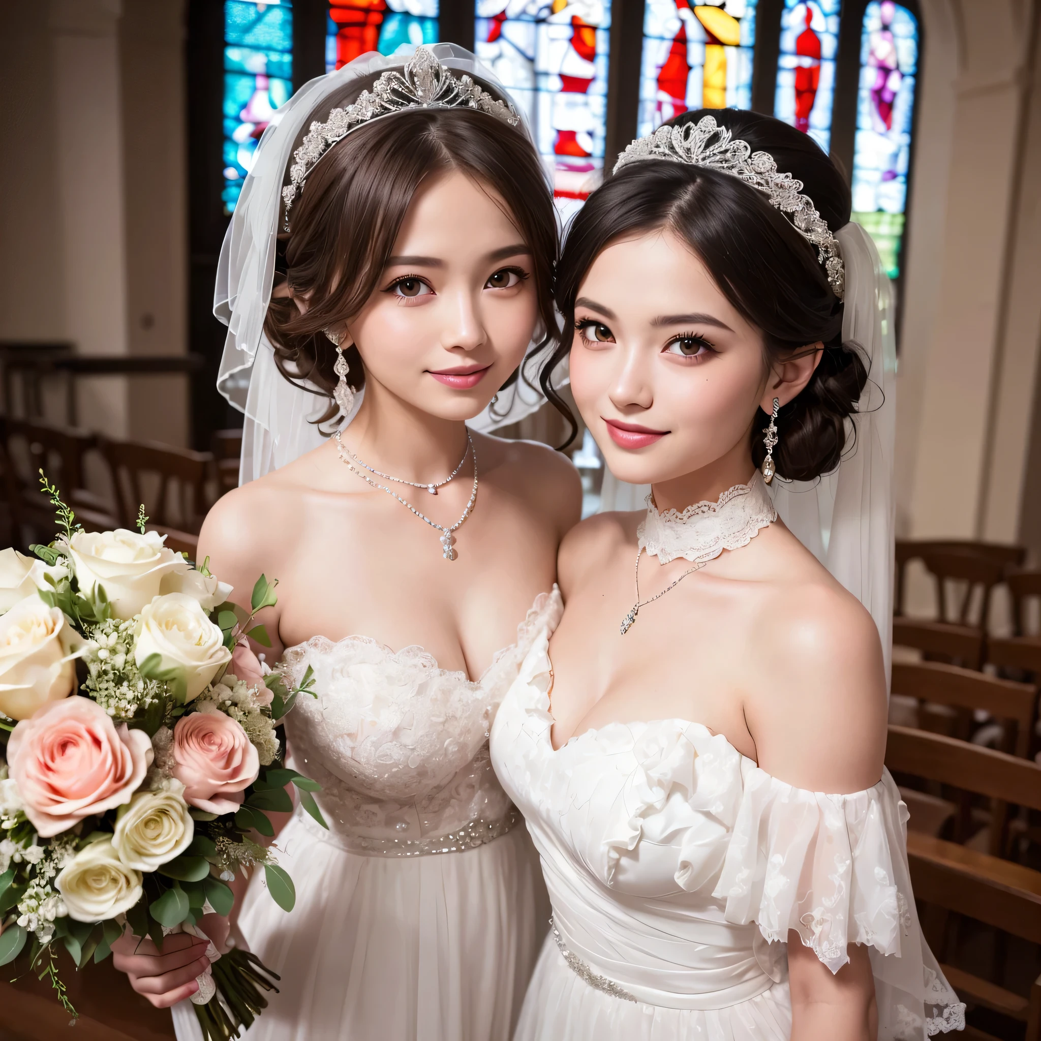 (kawaii face), (flat chest:1.2), happy smile, makeup, (Beautiful frills and lace cute wedding dress, bare shoulders:1.3), (tiaras, necklaces, earrings), Ultra High Definition, Superior Quality, Premier Quality, ultra detailed, Photorealistic, 8k, RAW Photos, highest quality, masterpiece, professional photography, Realistic portrait, Beautiful detailed, Close up portrait of girl, (chapel, stained glass), bouquet, flower decoration, beautiful bride pictures, (Fine face:1.2),