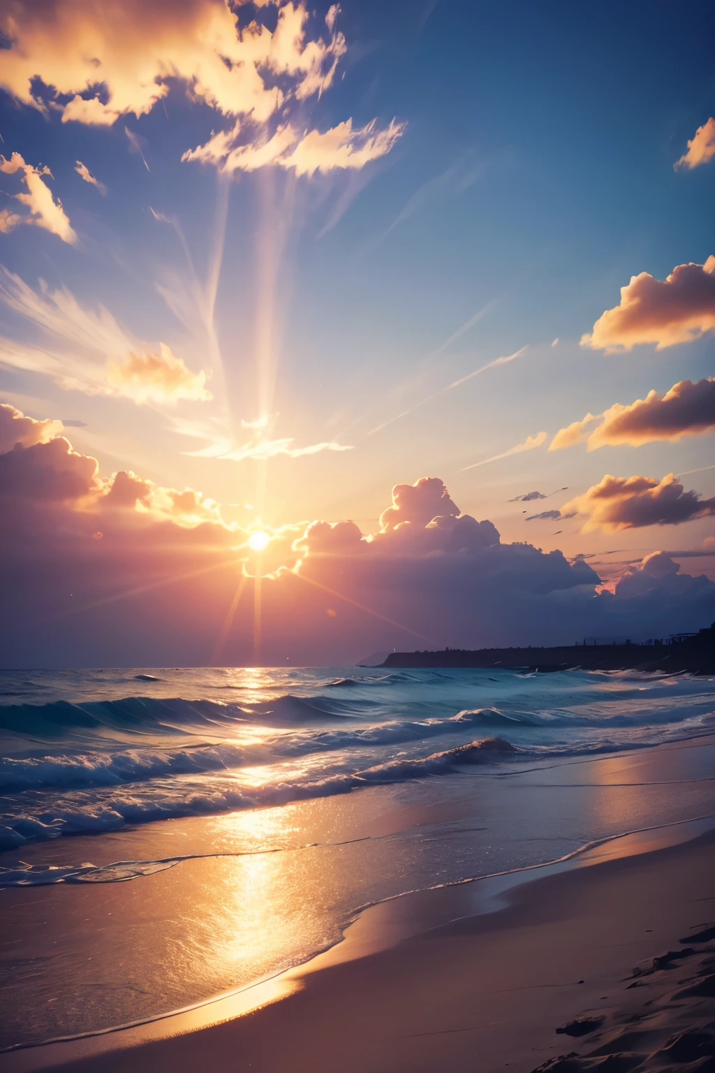 sunset beach, photo real, beautiful sky, beautiful sea, high detailed, high quality, masterpiece,