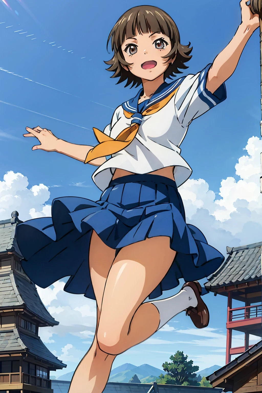 (masterpiece:1.3),(highest quality:1.4),(Super detailed:1.5),8K,High resolution,an extremely delicate and beautiful,Official Art,Perfect Anatomy,(anime_screencap:1.11),(90s Anime,90s Anime style,Cel-shaded anime:1.17),
anime coloring,detailed face and eyes, (solo:1.5),(anmnr:1.1),((ekitokuwz:1.52)),(school uniform:1.3),serafuku,short brown hair, pleated skirt, blue skirt, brown eyes, yellow neckerchief, short sleeves, japanese architecture,
Outdoor, sunny, Jumping, :d