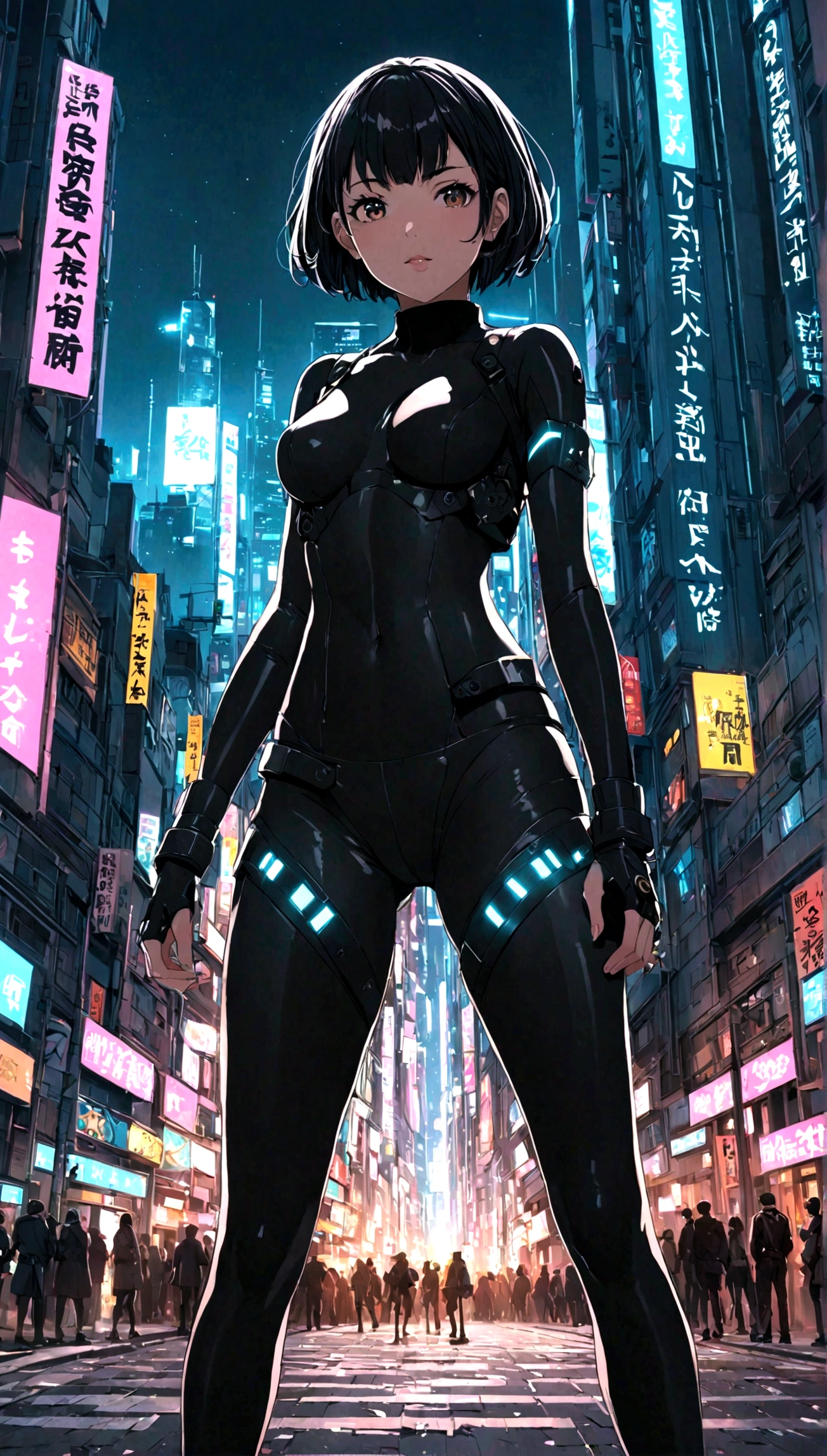 masterpiece, best quality, Japanese Manga, 《The City of the Killing》, Megumi Kishimoto, Solitary, short hair, medium breast, Cyberpunk black combat tights, looking at the audience, Thigh gap,
