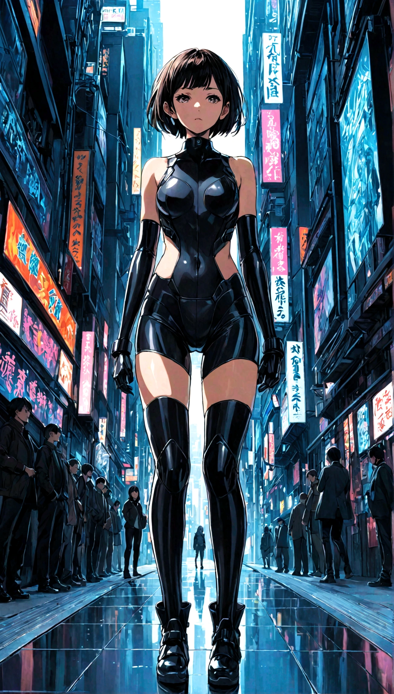 masterpiece, best quality, Japanese Manga, 《The City of the Killing》, Megumi Kishimoto, Solitary, short hair, medium breast, Cyberpunk black combat tights, looking at the audience, Thigh gap, 